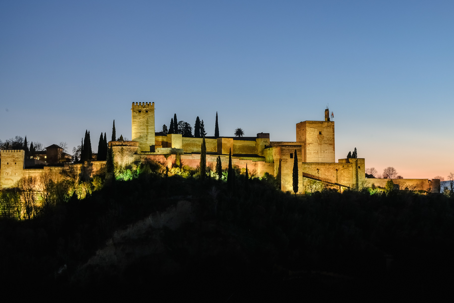 The Alhambra at night.