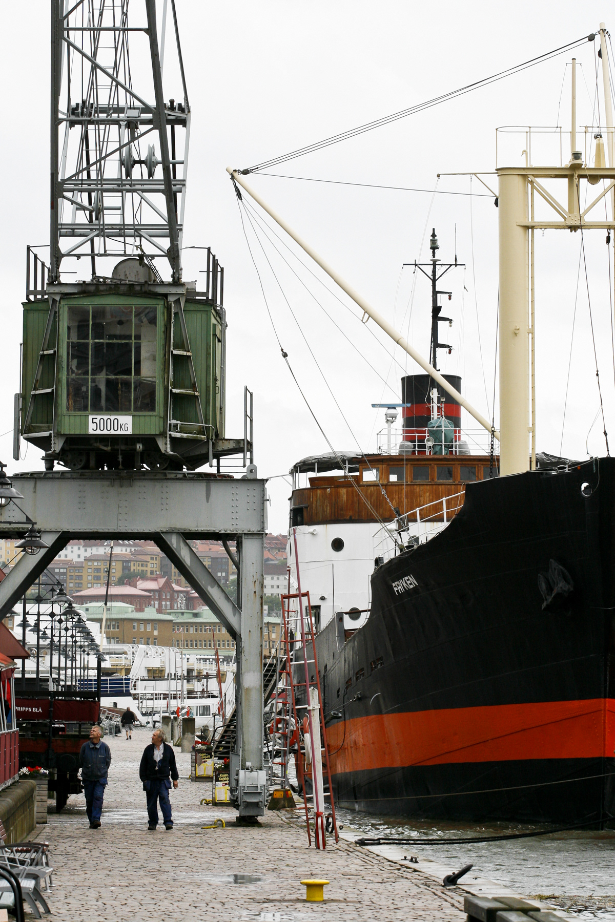 The cargo ship Fryken and an historic harbour crane, Maritiman, July 2009.