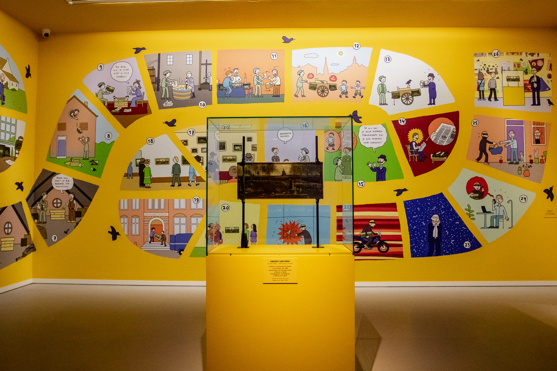 The theft and return of a painting of Zundert by Vincent van Gogh explained in cartoon style