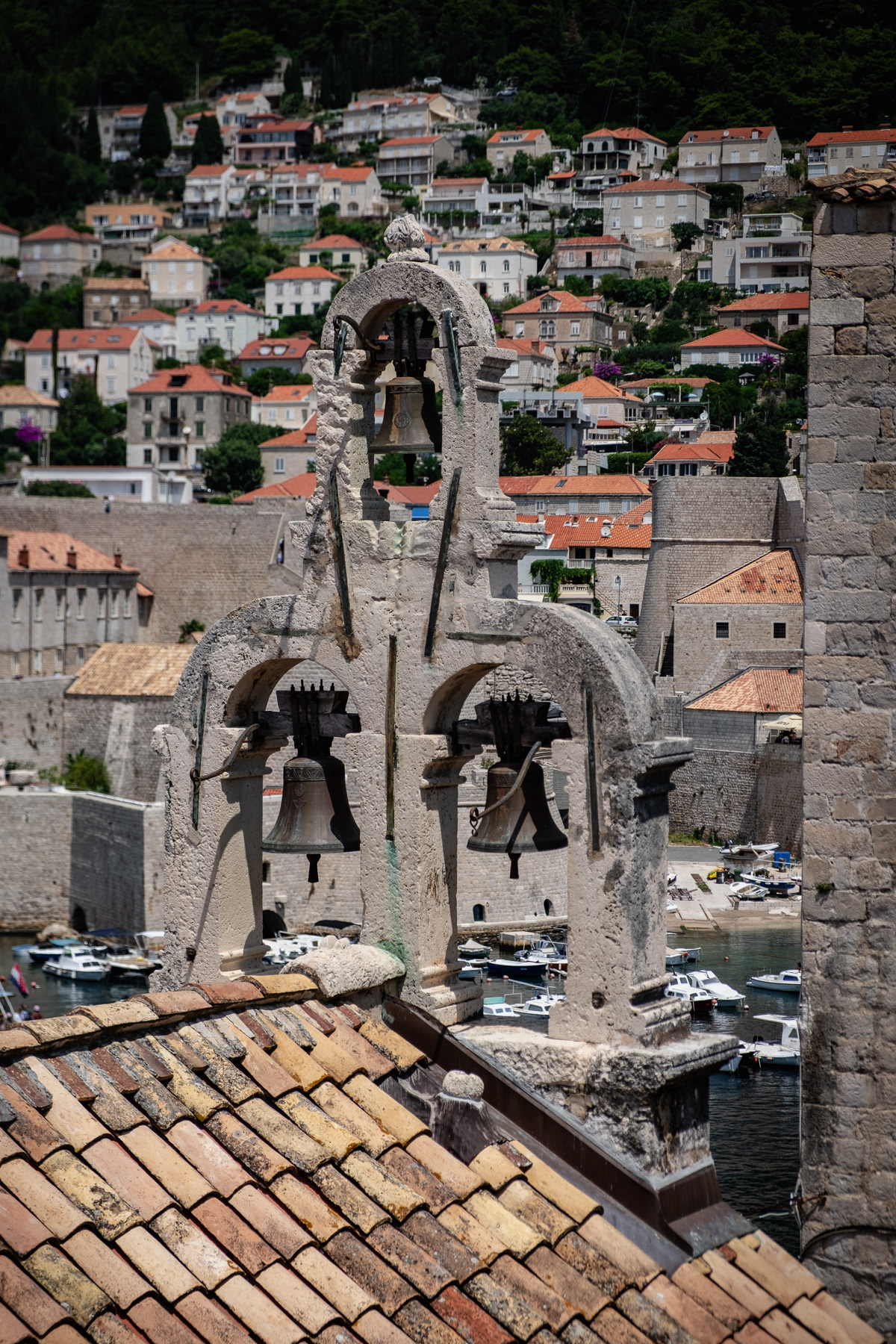 Bell tower at the harbour front, July 2023.