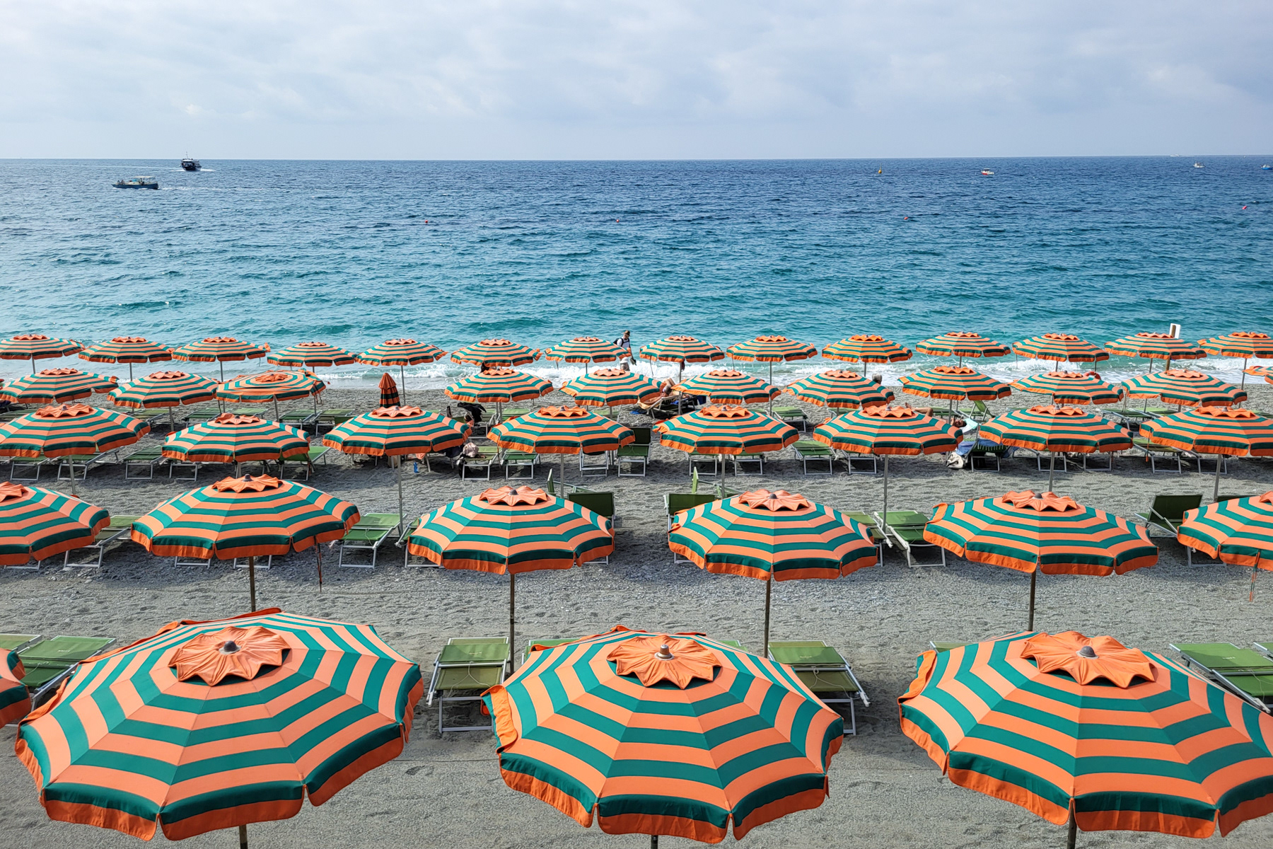 Parasols are ready for the beach guest at this early morning in Monterosso al Mare