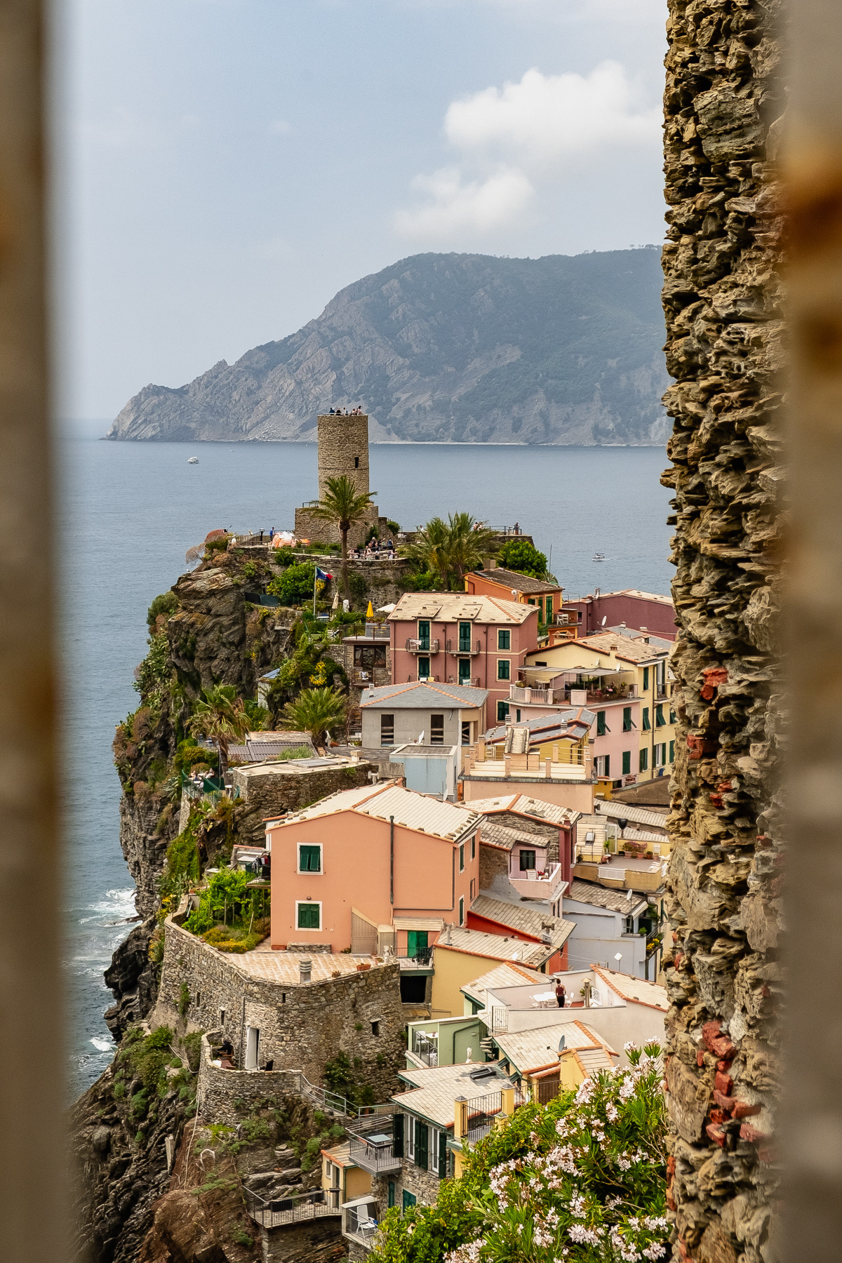 View from the south at Vernazza and its castle tower.