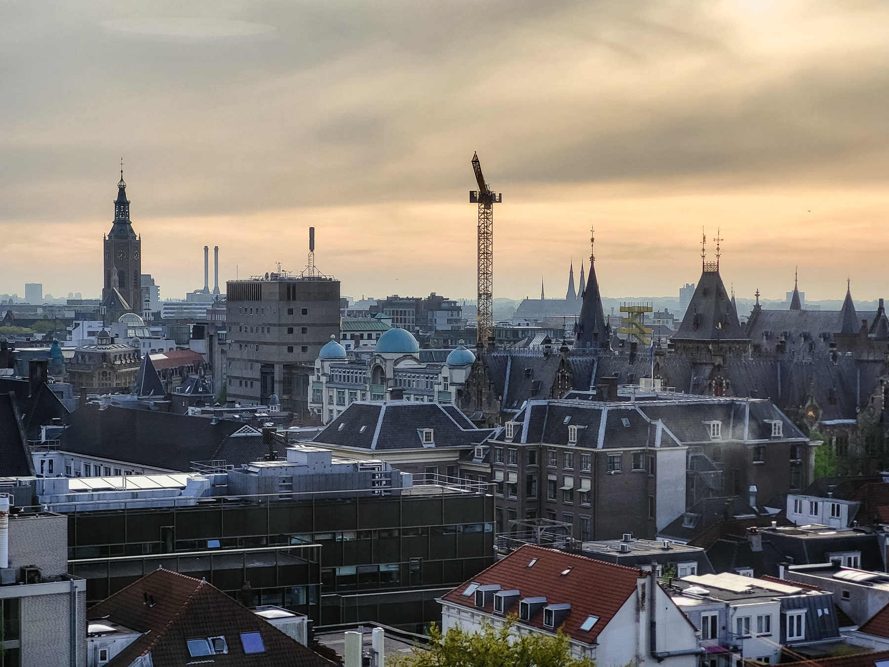 View over the centre of The Hague at sunset, April 2025