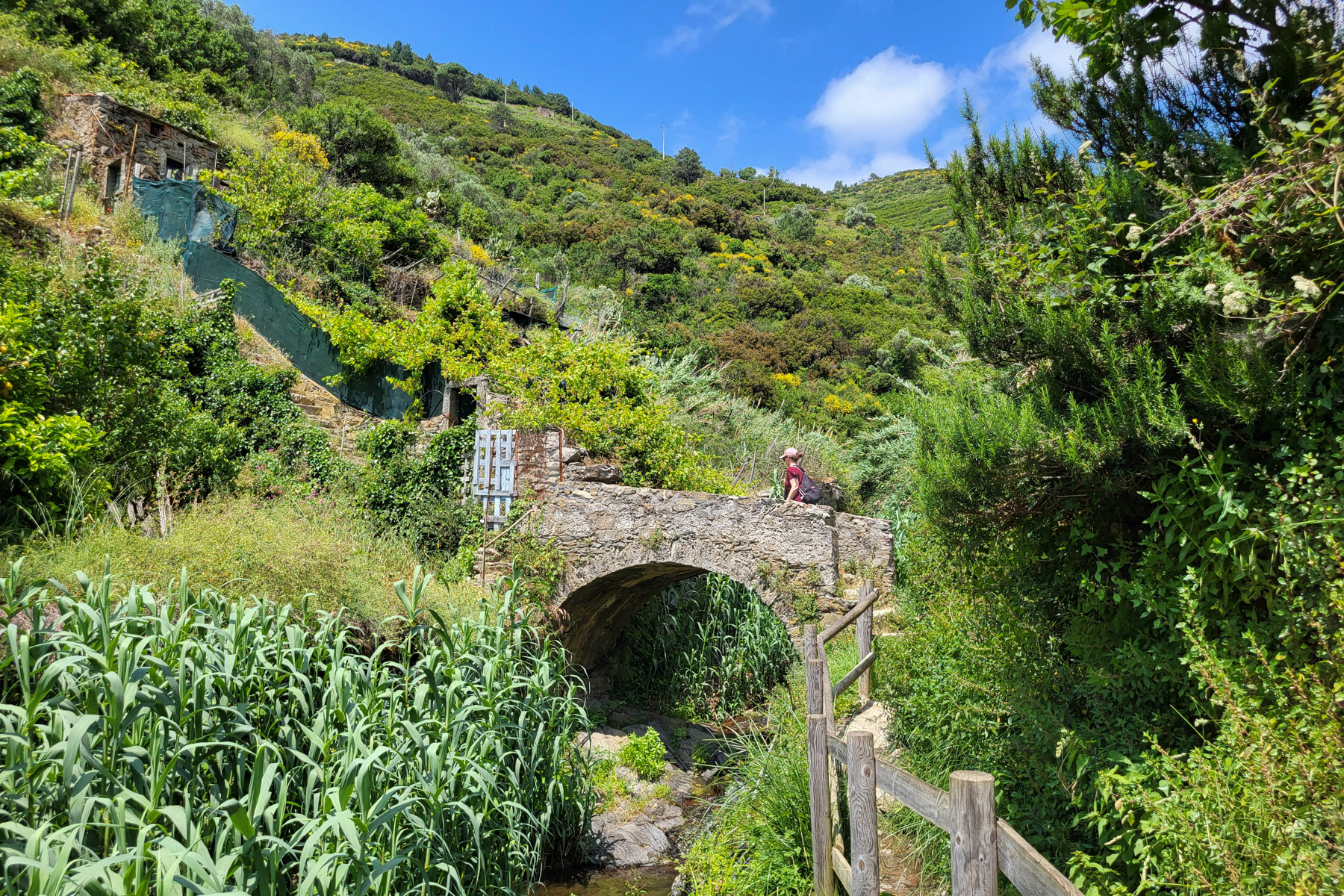 An old stone bridge on the outskirts of Riomaggiore leads up to the trail.