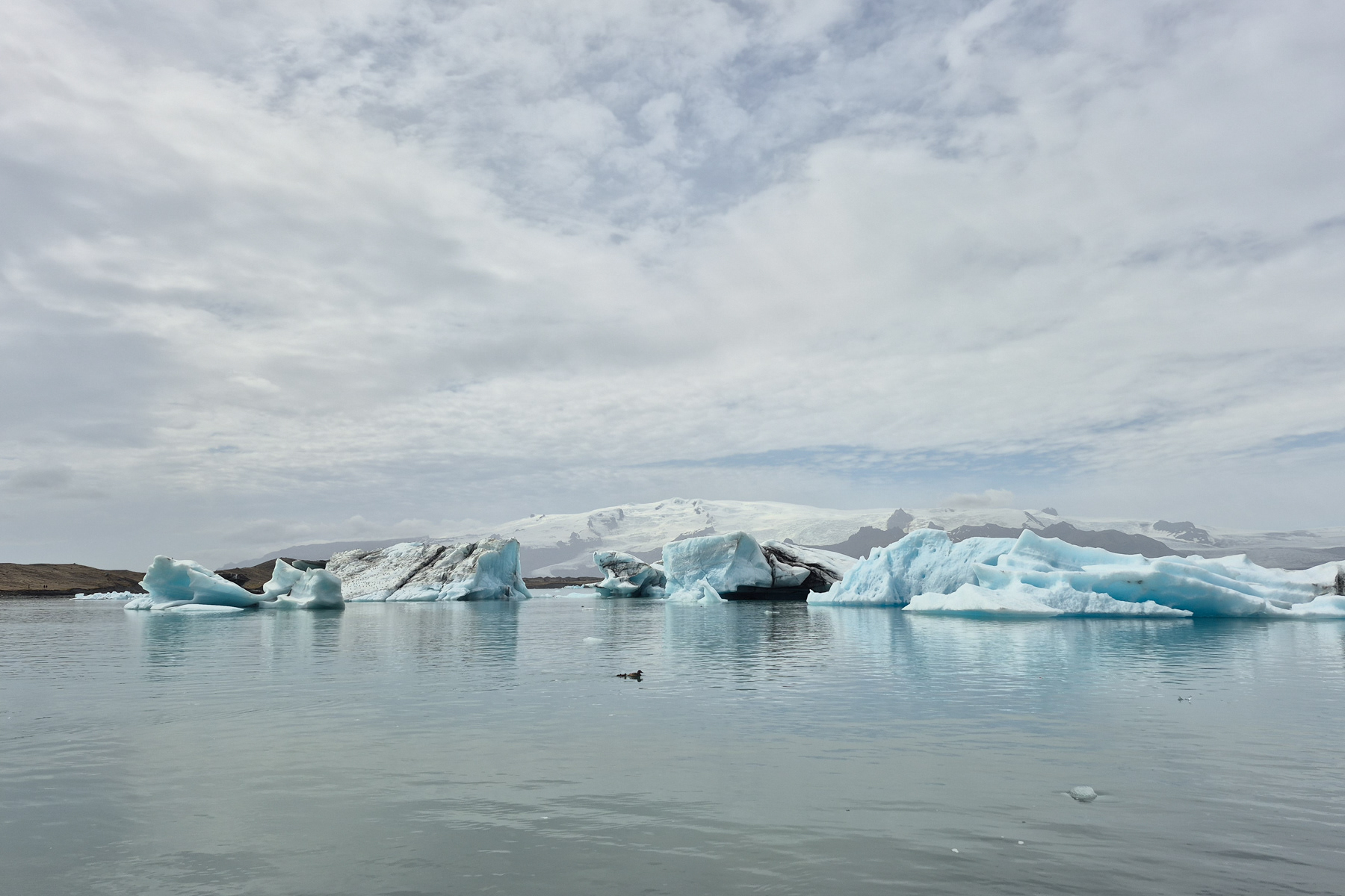 Jökulsárlón glacier lake with the Vatnajökull glacier in the background, July 2025.