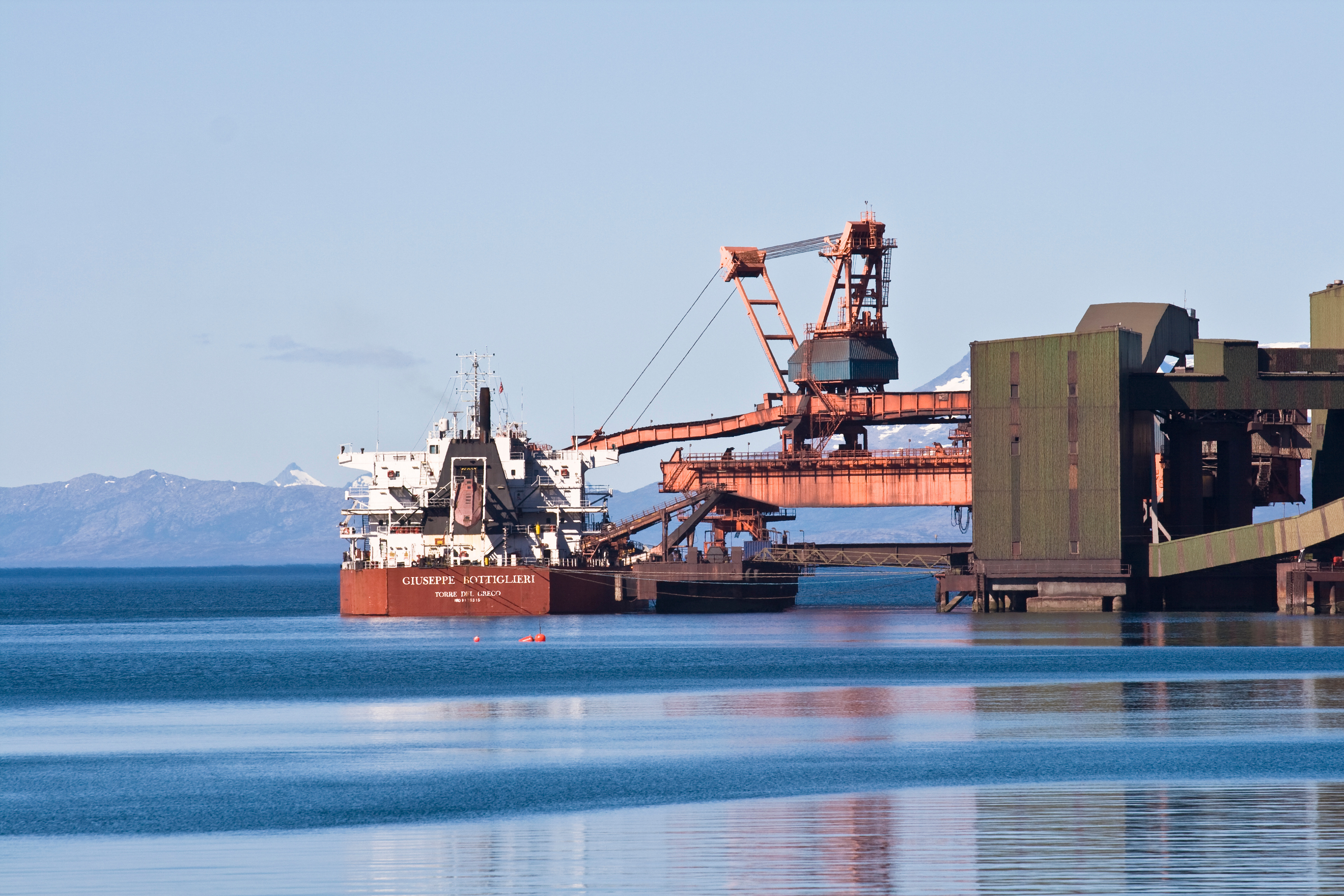 The harbour of Narvik is essential for the transport of iron ore from the mines in Northern Sweden. Here a ship as moored at the harbour installations.