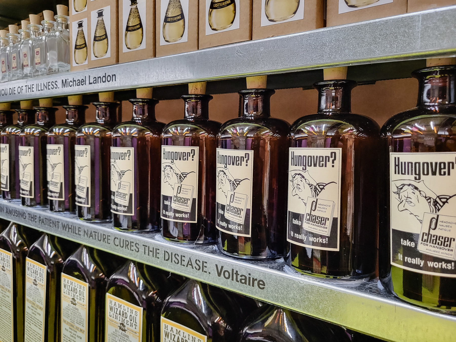 Bottled hangover cure in the exhibition on consumerism.