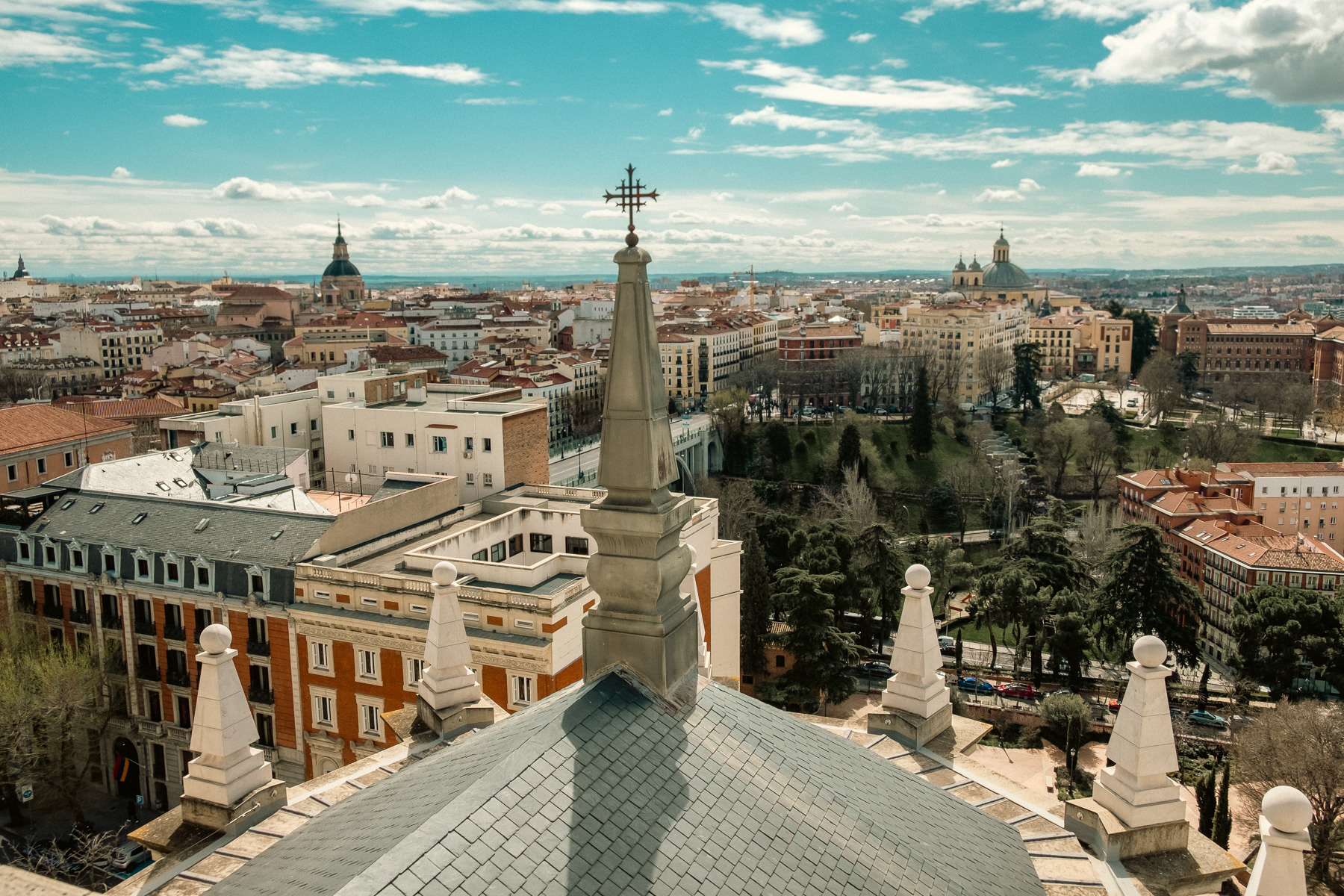 View to the south from the rooftop terrace of the Almudena Cathedral. The dome structure on the right is the Real Basílica de San Francisco el Grande (Royal Basilica of Saint Francis the Great).
