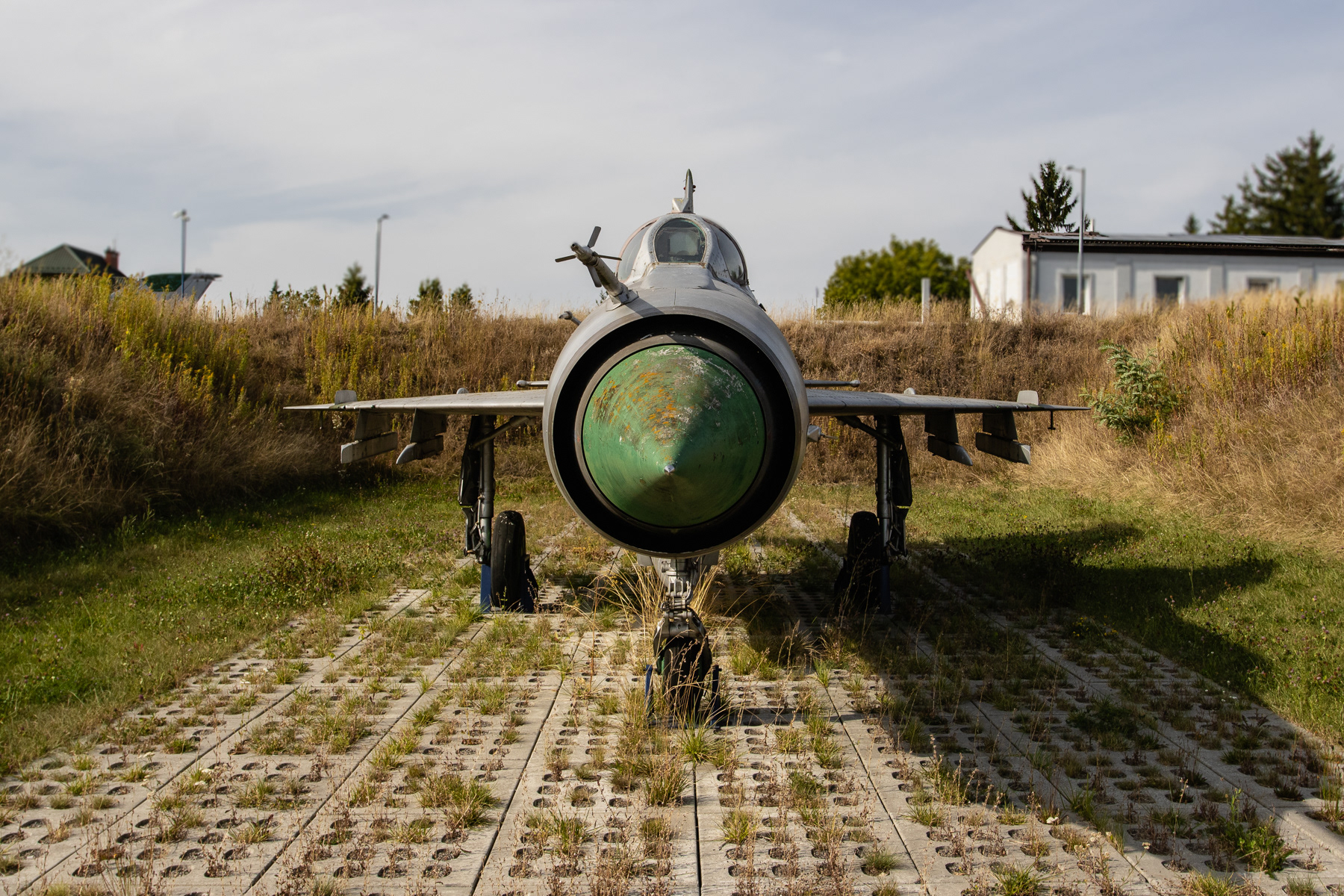 Front view of a Mikoyan-Gurevich MiG-21, NATO callsign Fishbed, at the Muzeum Sił Powietrznych w Dęblinie (Aviation Museum in Deblin), Poland