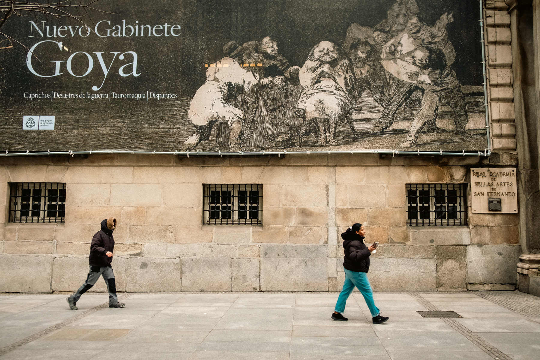 Goya promotions on the facade of the Real Academia de Bellas Artes de San Fernando at Calle de Alcalá