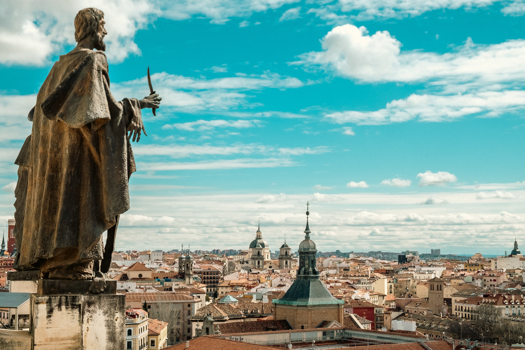 View to the south from the rooftop terrace of the Almudena Cathedral. The dome structure on the right is the Real Basílica de San Francisco el Grande (Royal Basilica of Saint Francis the Great).