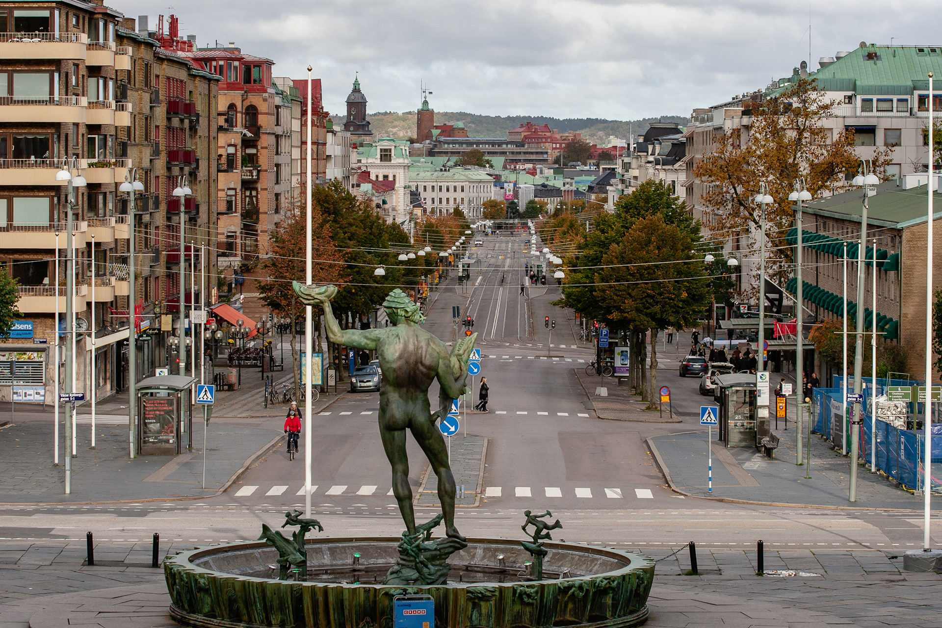 Poseidon looks north over (Kungsports)avenyen, the parade avenue of Gothenburg, October 2012.