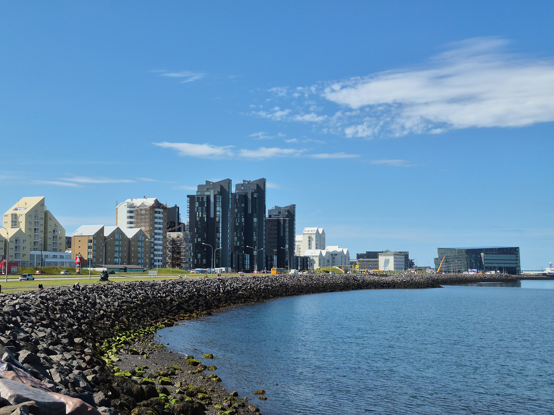 The waterfront of Reykjavik, with at the end (on the right-hand side) the Harpa Concert Hall.