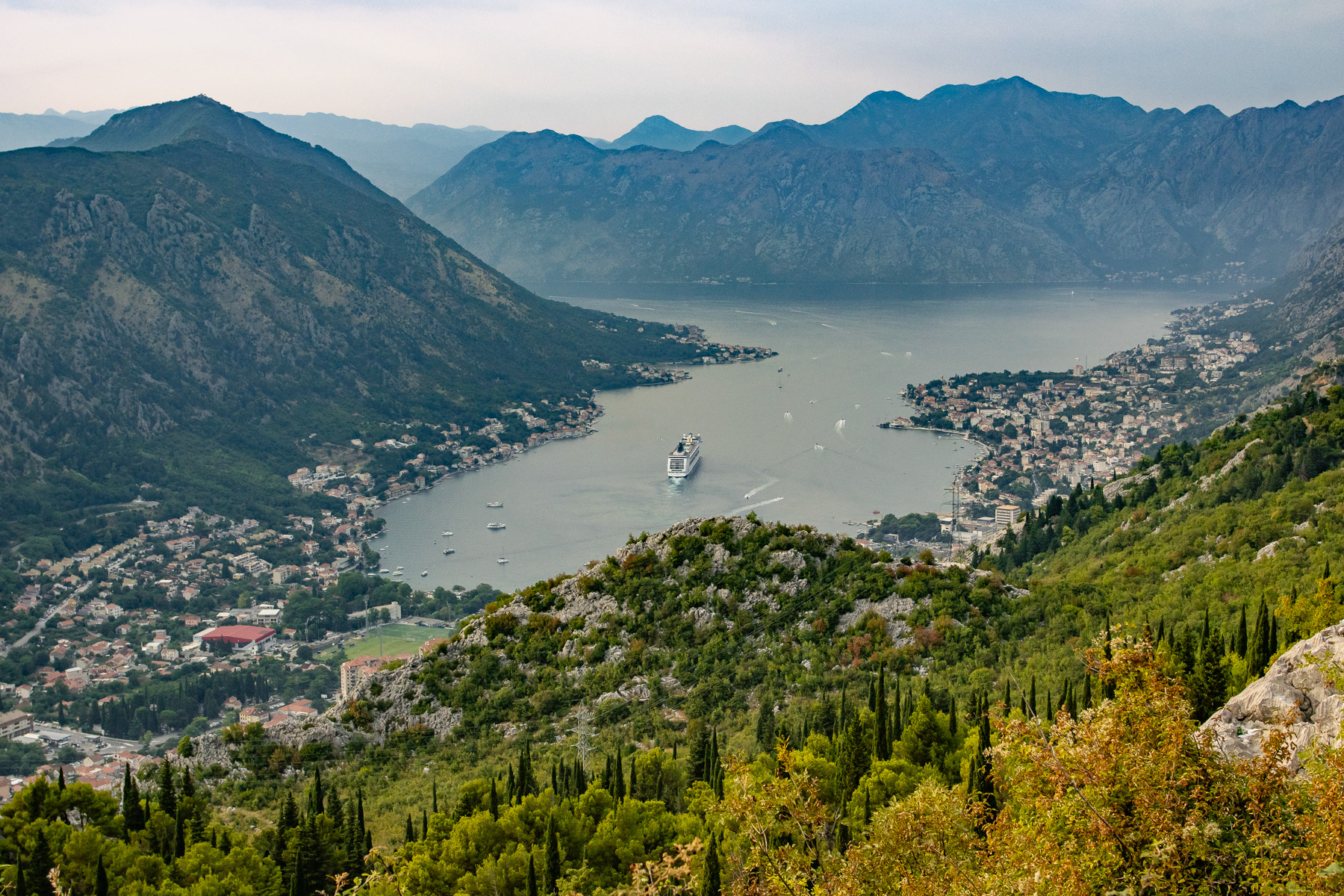 View at Kotor and the Bay of Kotor, Montenegro, from the Monte 1350 viewpoint in Lovćen National Park, August 2025.