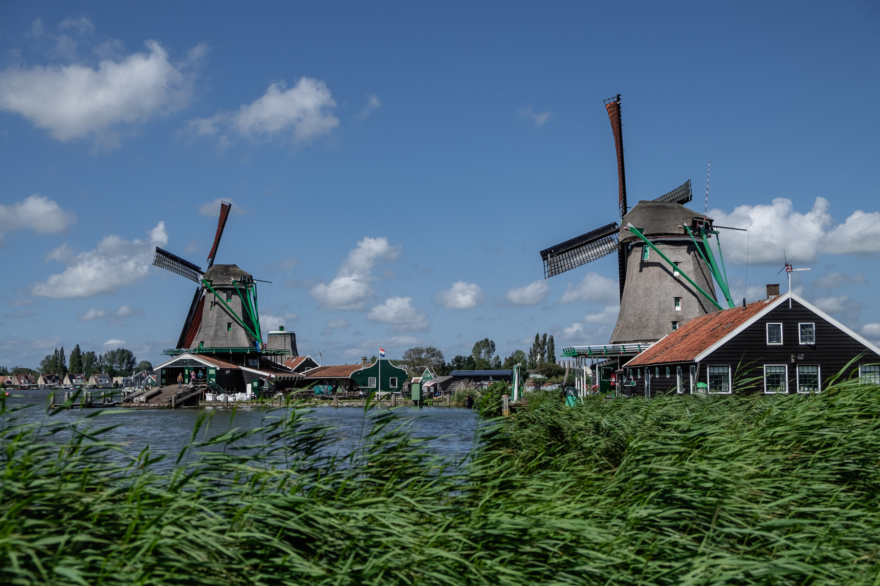 Two historic mills in the Zaanse Schans Open Air Museum, August 2023.