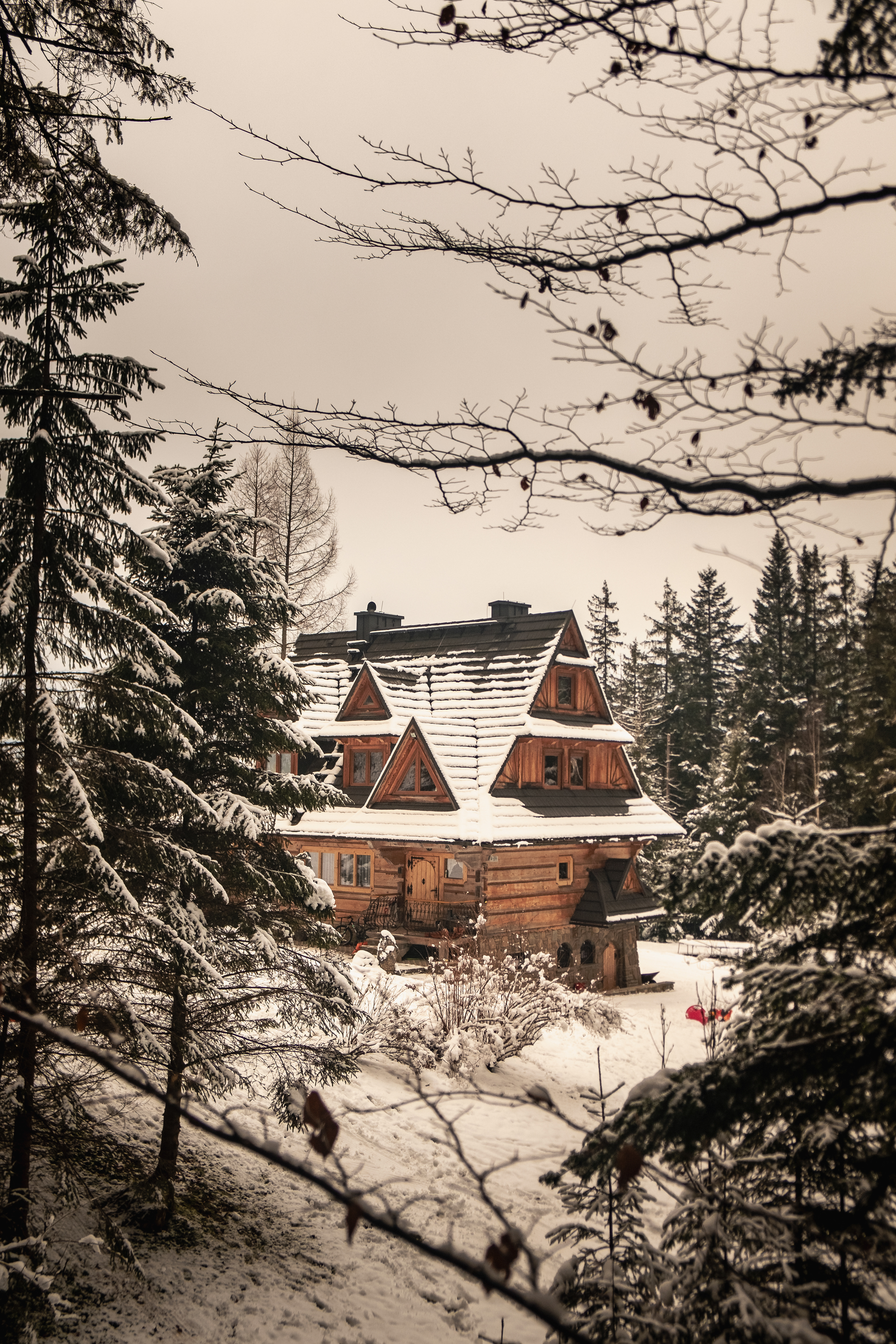 A typical wooden house of the Polish Tatra Mountains region at the end of the trail.