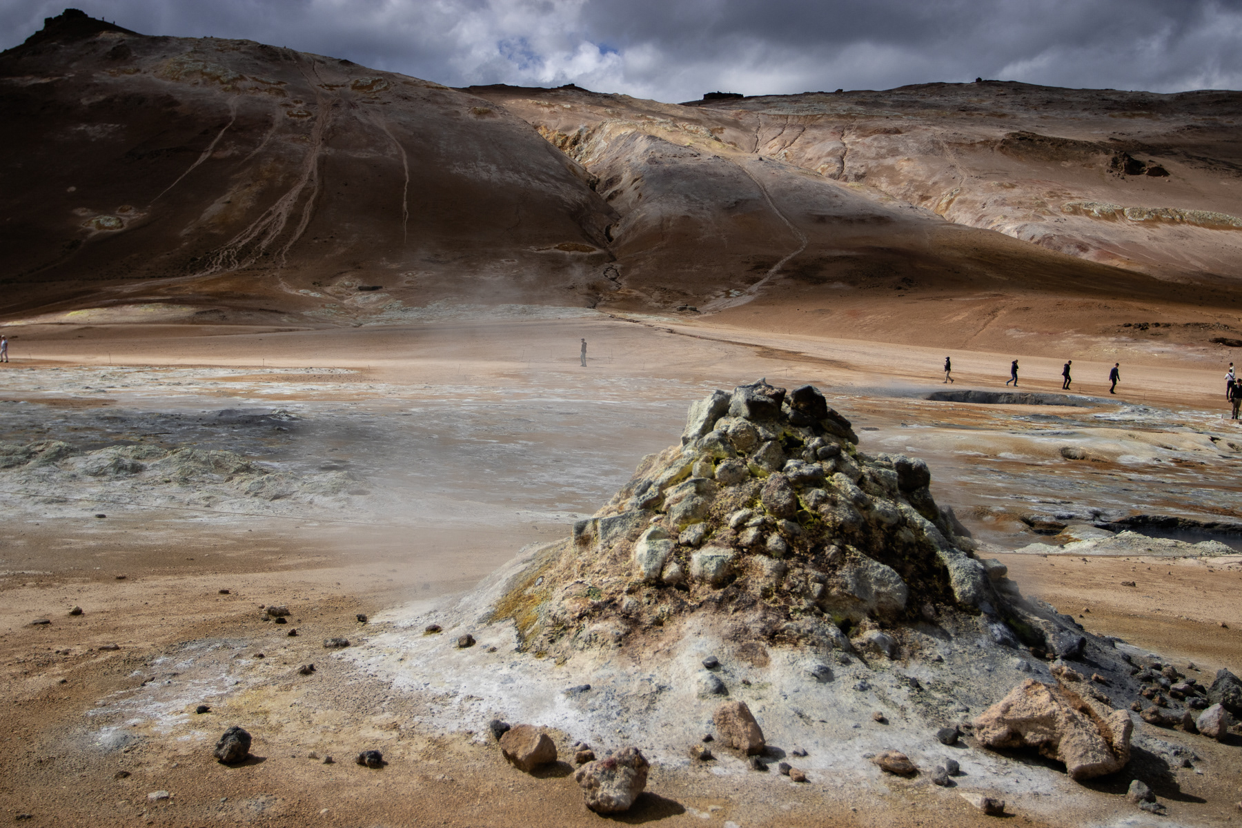 Smoking vents, bubbling mud pools and lower hills at Hverir.