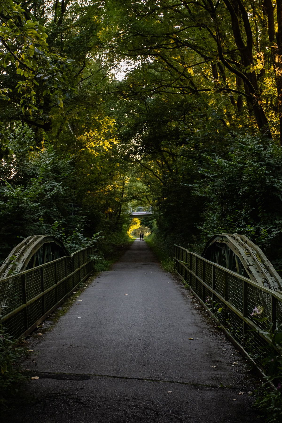 An old railroad bridge still functions today, for pedestrians and cyclists.