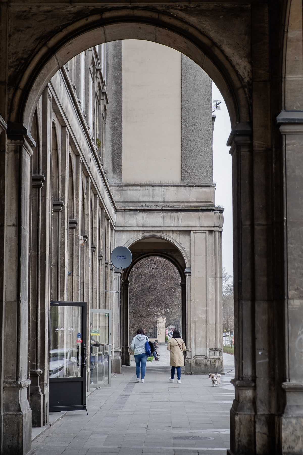 Arches at majestic buildings at Reagan Square, which is the centre of Nowa Huta.