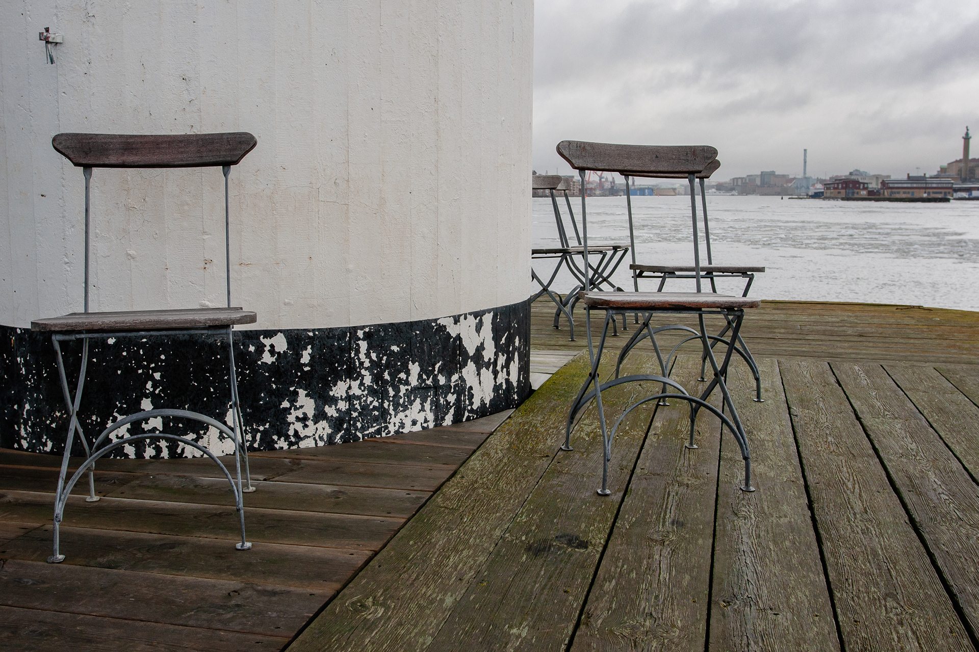 Make-shift outdoor seating on a pier, February 2012.