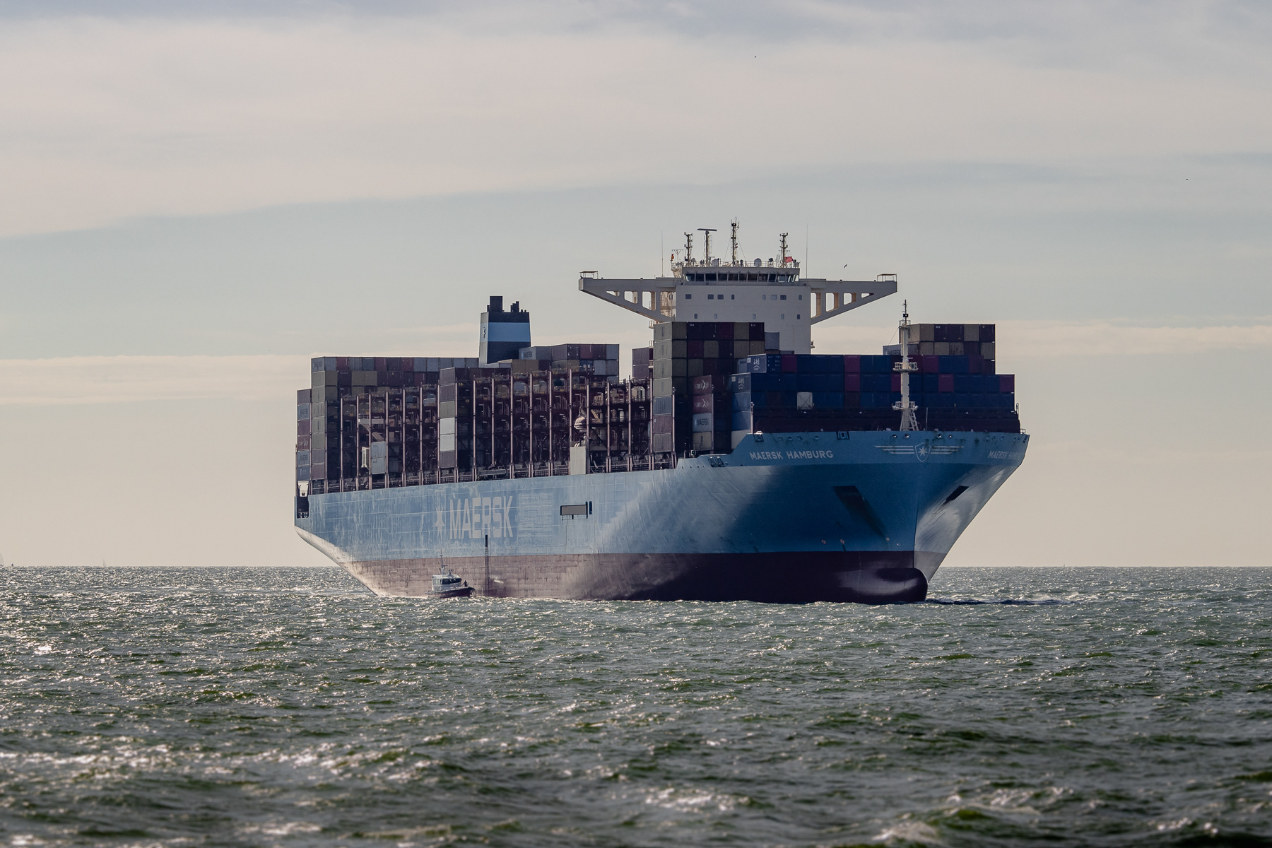 Container vessel Maersk Hamburg and a pilot boat in the Westerschelde