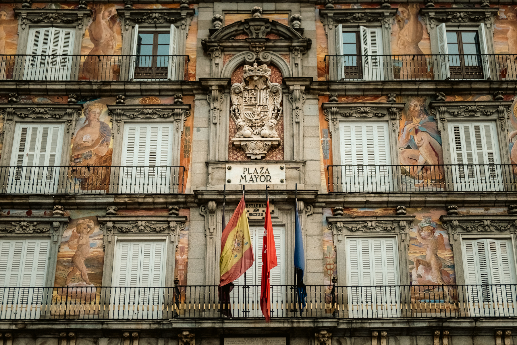 The Casa de la Panadería, meaning Bakery House, at Plaza Mayor. The frescos were added in 1992, for which Madrid commissioned the artist Carlos Franco.