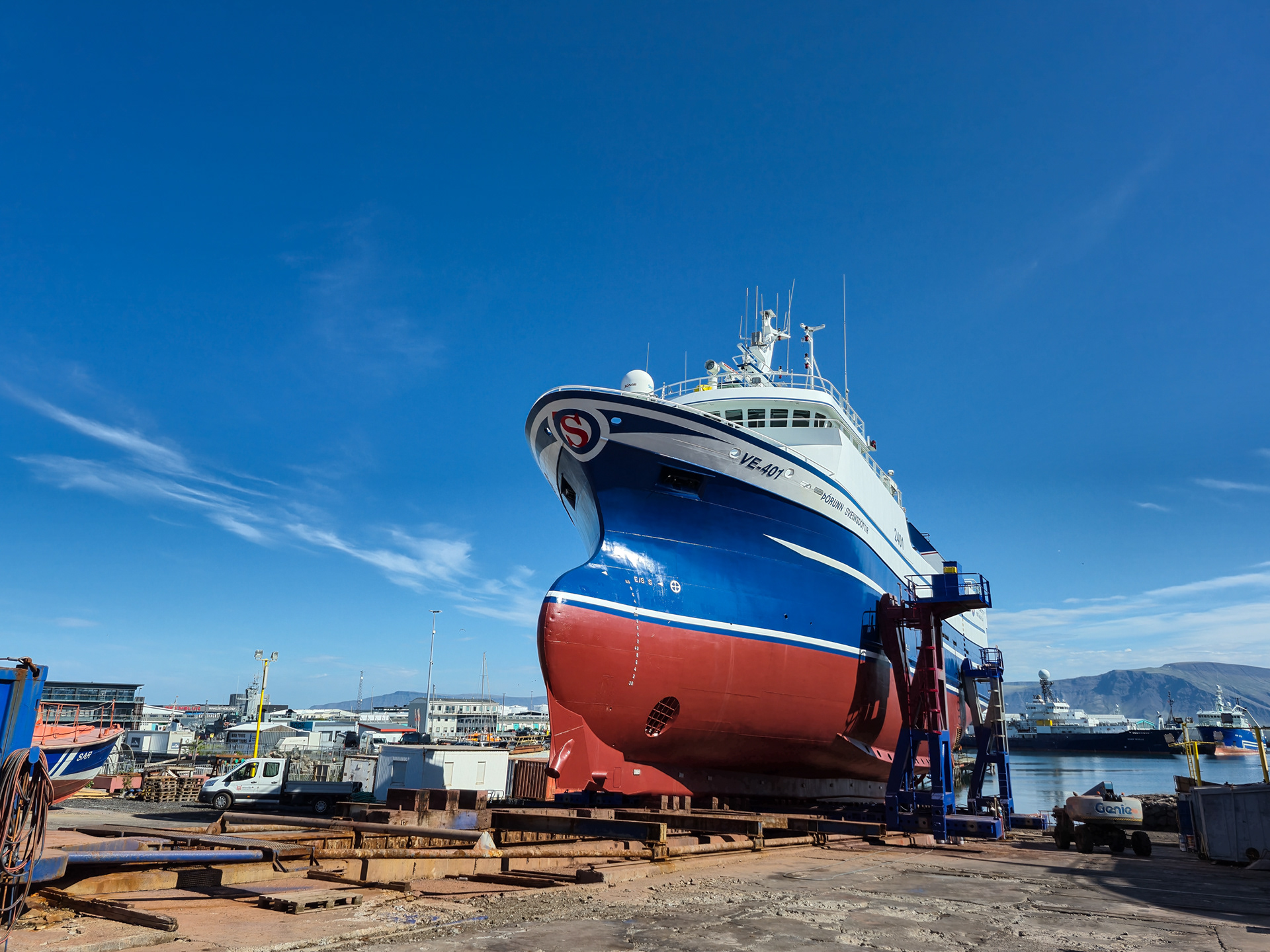 Icelandic fresher whitefish trawler named Þórunn Sveinsdóttir (VE-401) in maintenance.