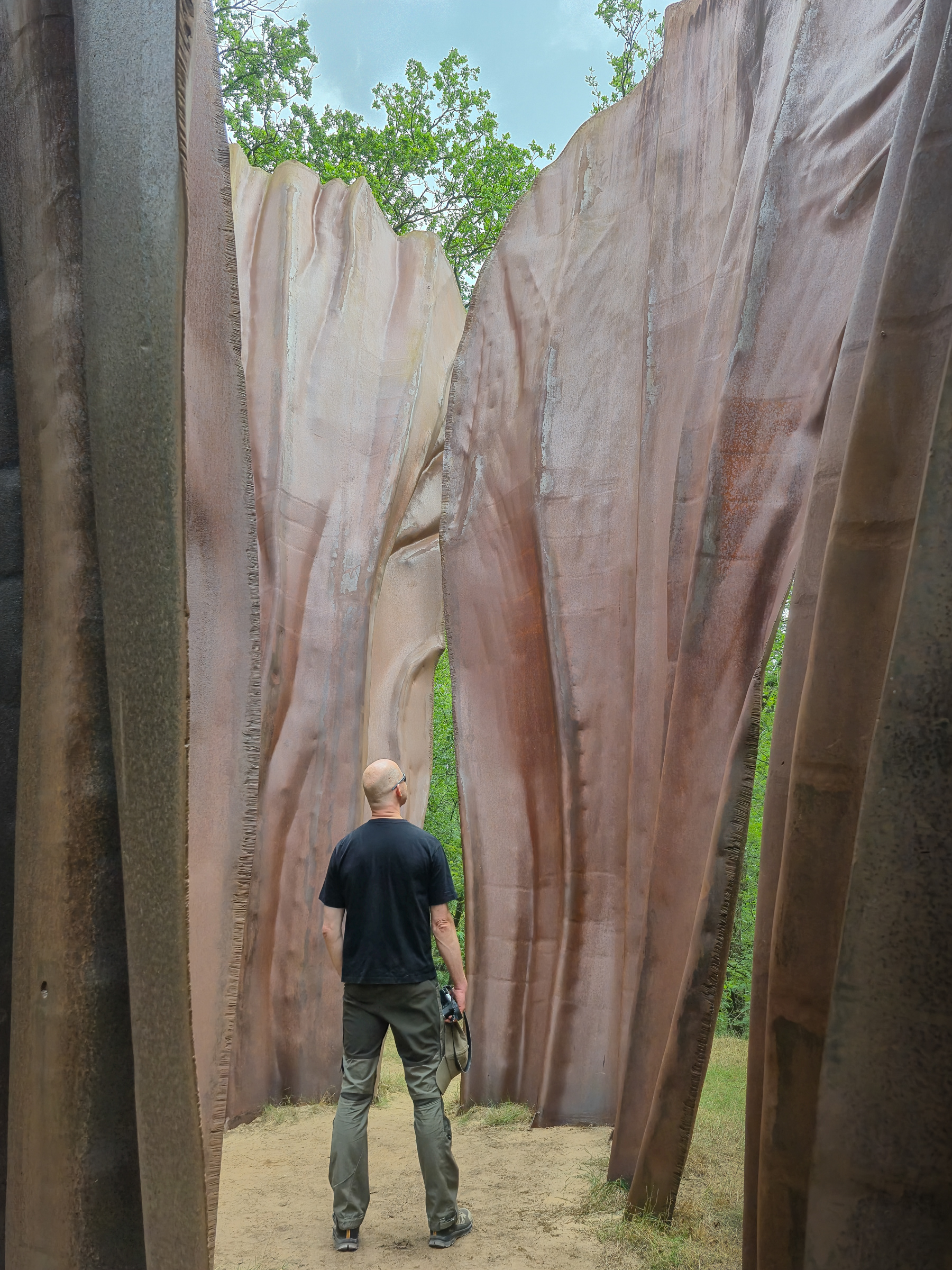 Admiring a sculpture in the vast gardens of the Kröller-Müller, July 2026.