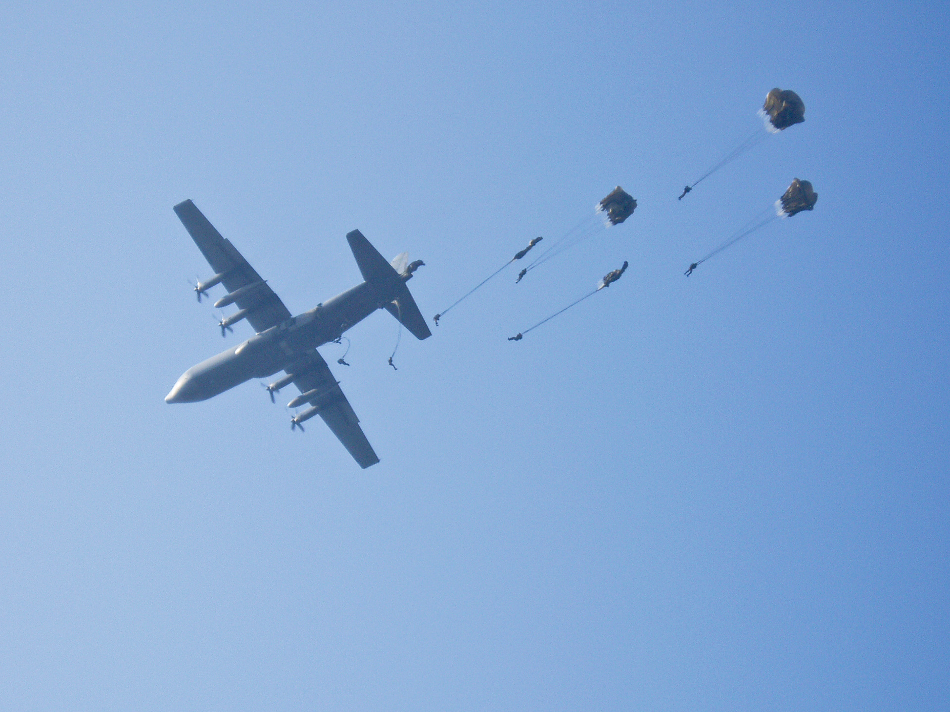 Shutes still in the opening process, paratroopers jump out of a Lockheed C-130 Hercules military cargo plane over Ginkel Heath.