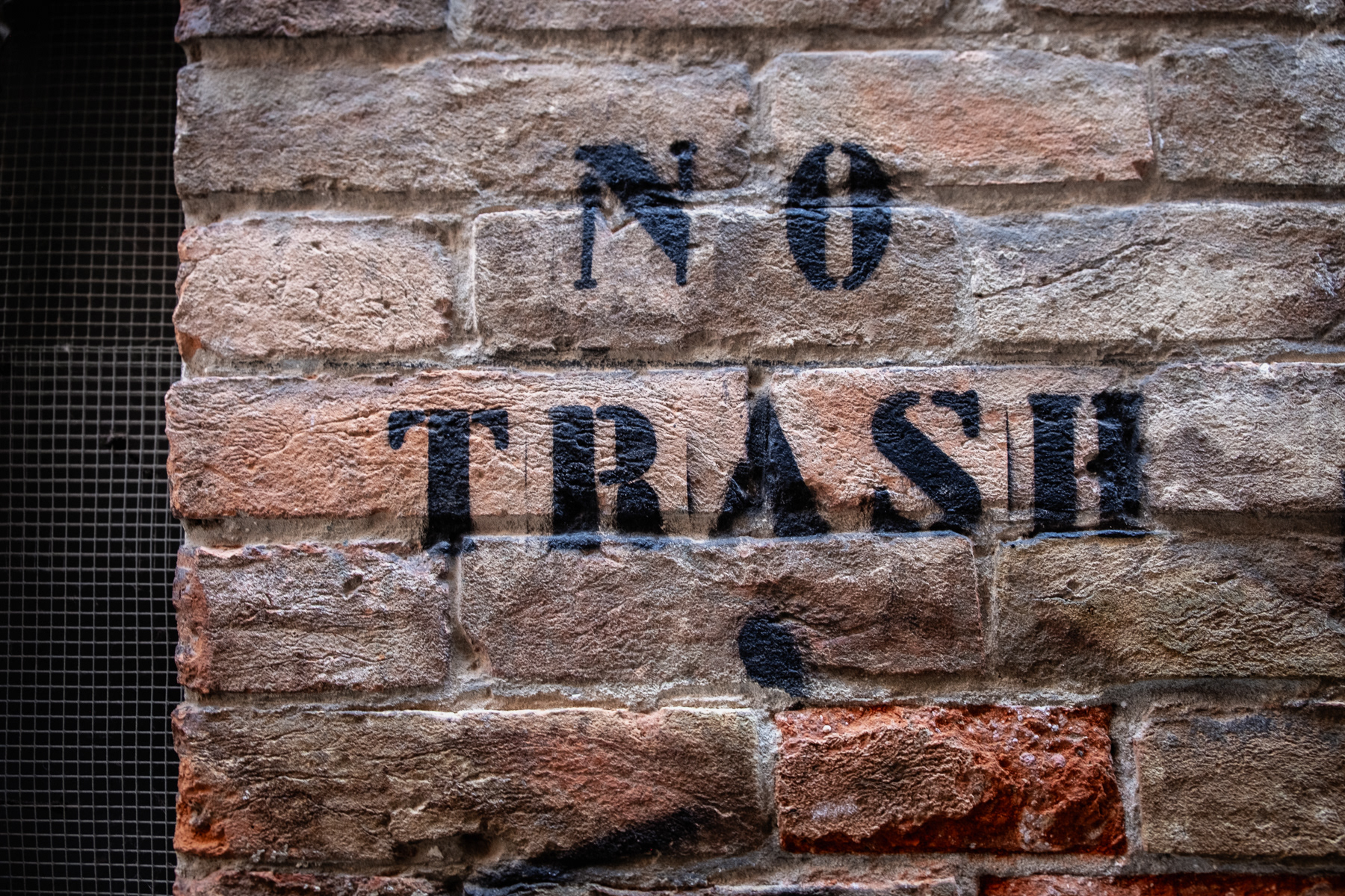 "No Trash" painted on a brick wall, San Marco district, Venezia, July 2023.