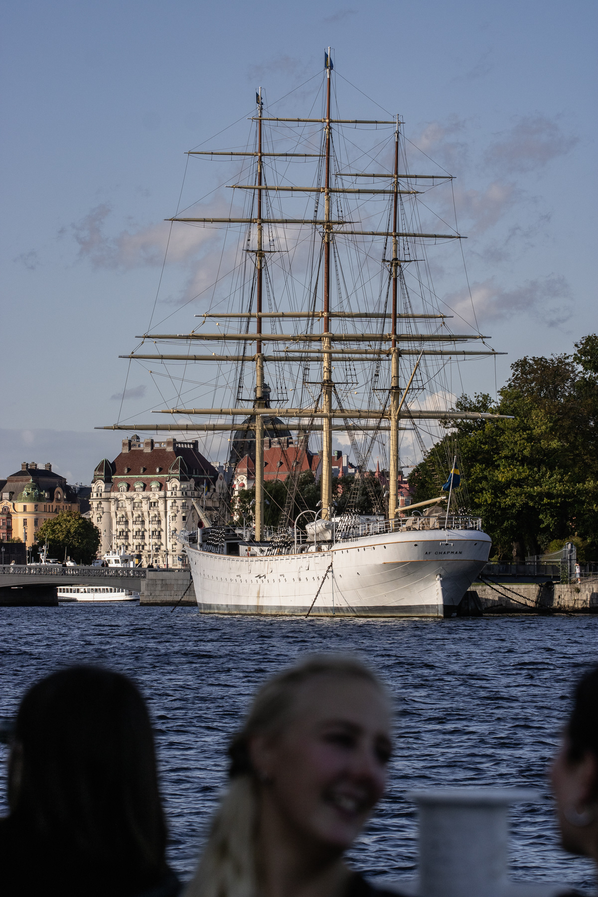 The Af Chapman, a trimast ship anchored permanently at Skeppsholmen as a hostel, September 2025.