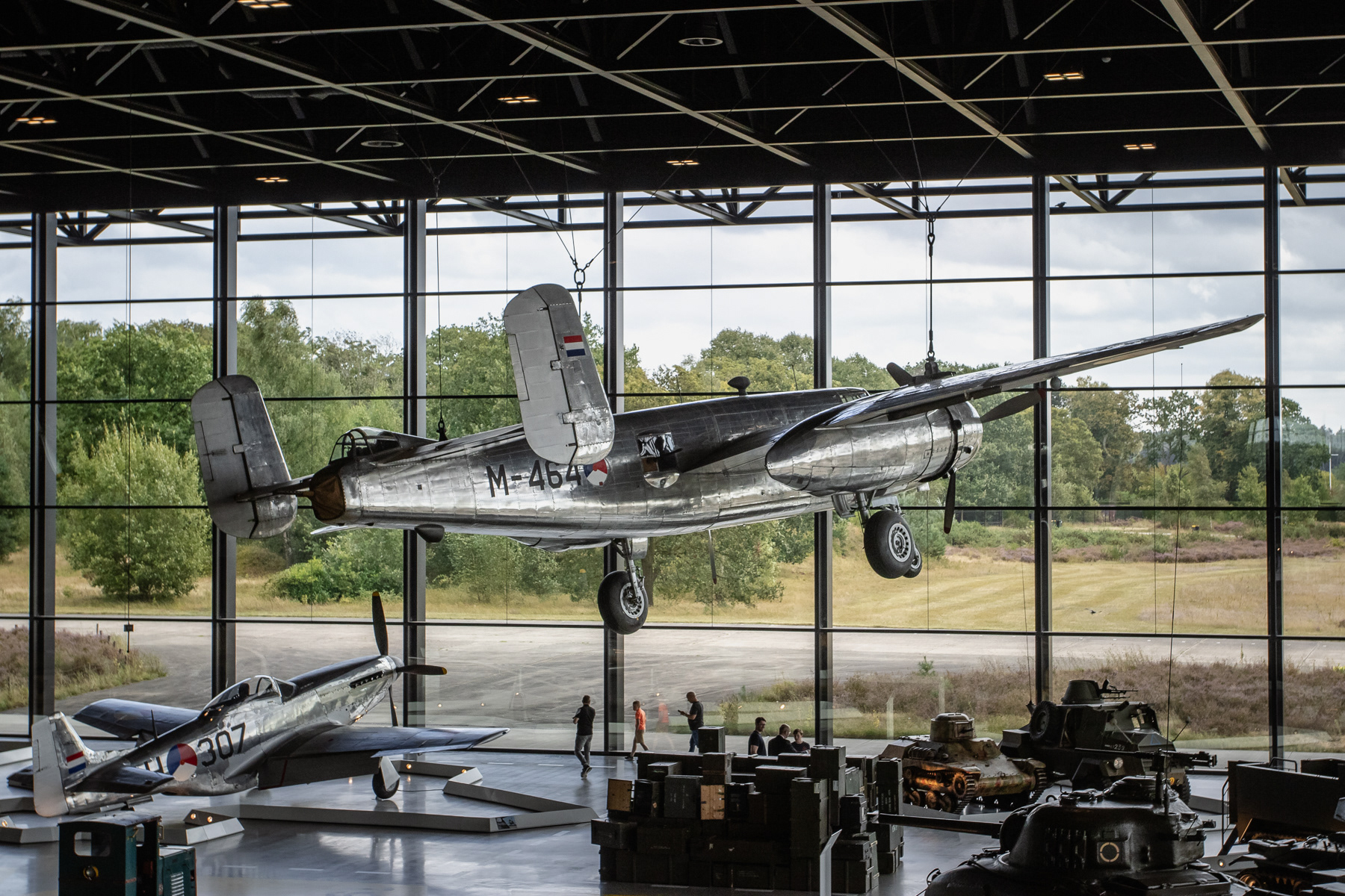 North American B-25J Mitchell (M-464) at the National Military Museum, Soesterberg, the Netherlands. Down below a North American P-51D Mustang (H-307).