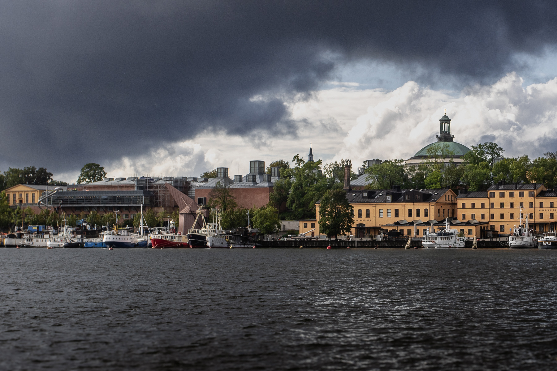 View at Skeppsholmen from the northeast. The modern building is the Moderna Museet (the Museum of Modern Art), September 2025.