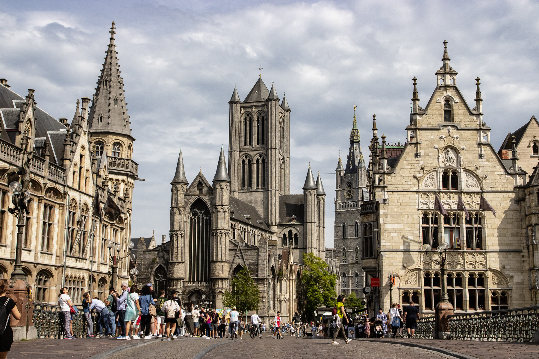 A classic shot in the historic centre of Gent, with from left to right the former post office, tbe St. Nicholas' Church, the Belfry, and St. Bavo's Cathedral