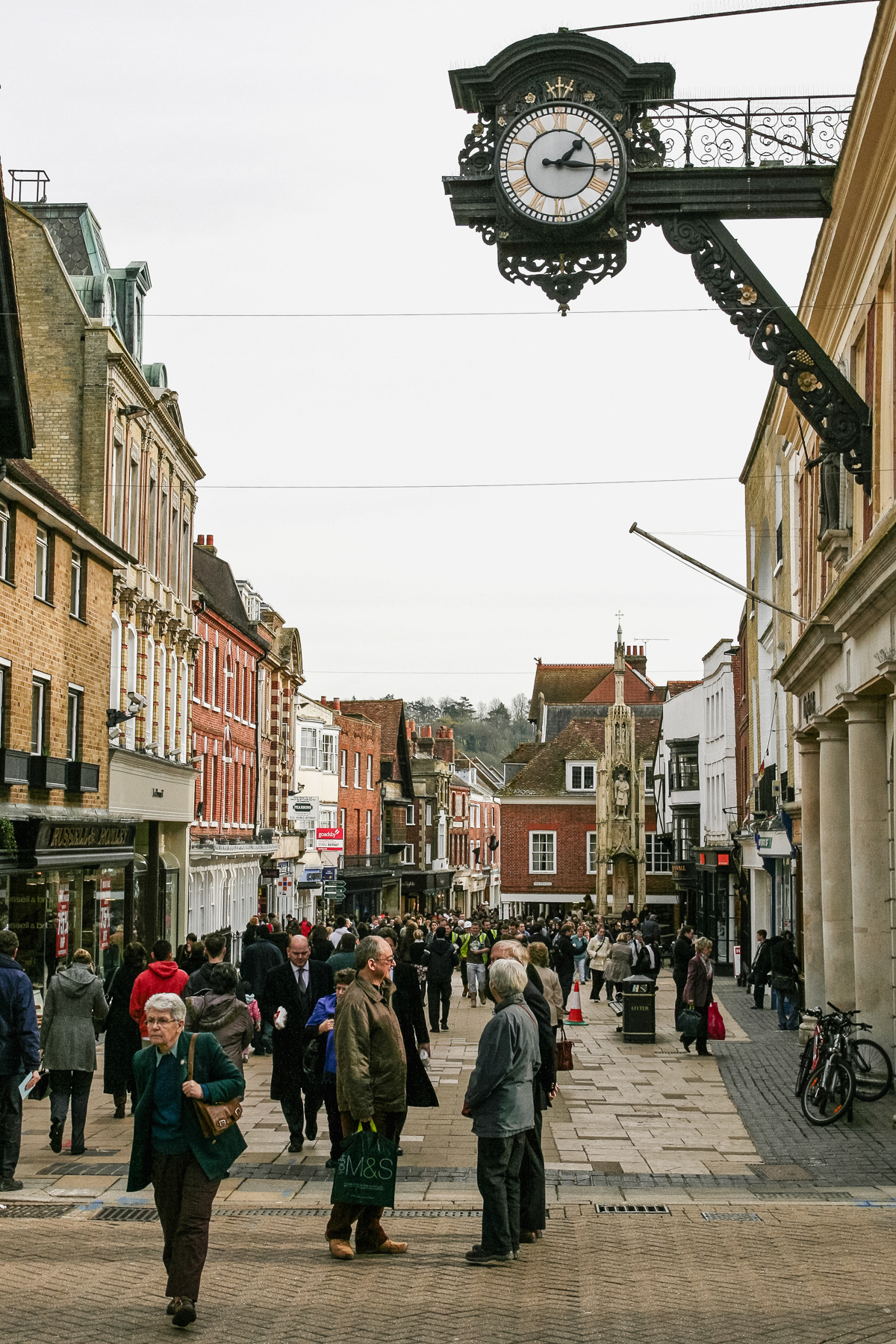 The clock nearby and the Buttercross in the distance.