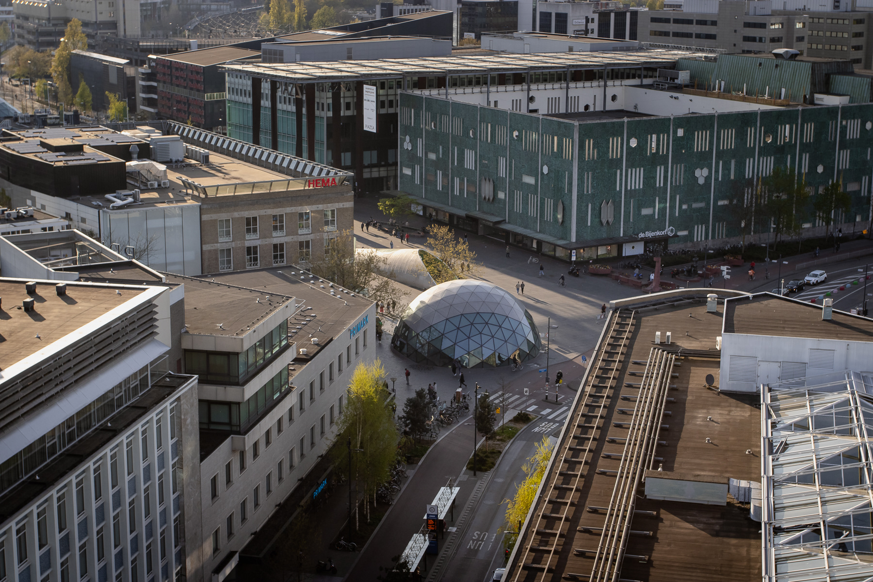 The shopping district of downtown EIndhoven, with Hema, De Bijenkorf en Primark clearly visible.