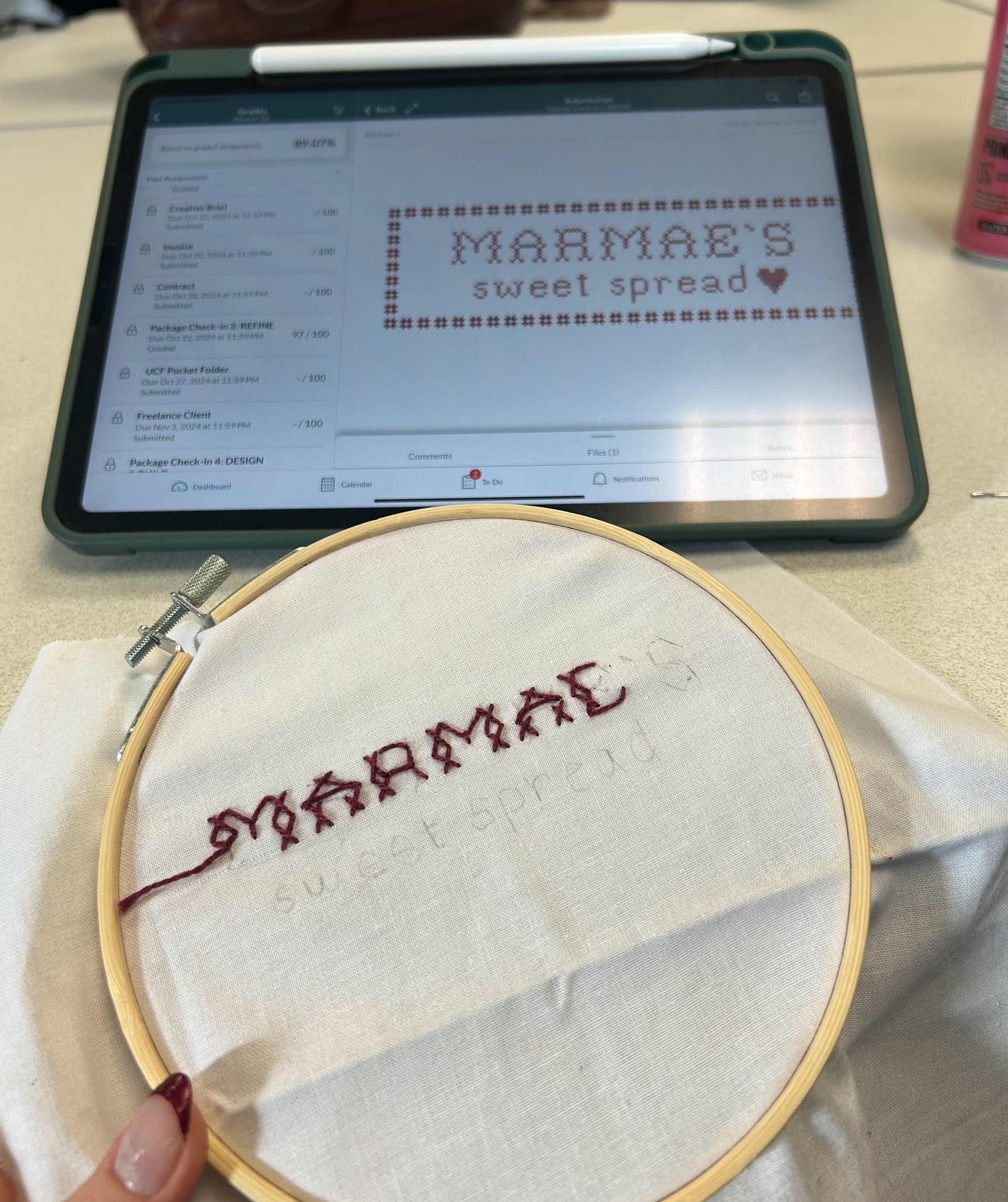 Hand stitched for branding and process book cover