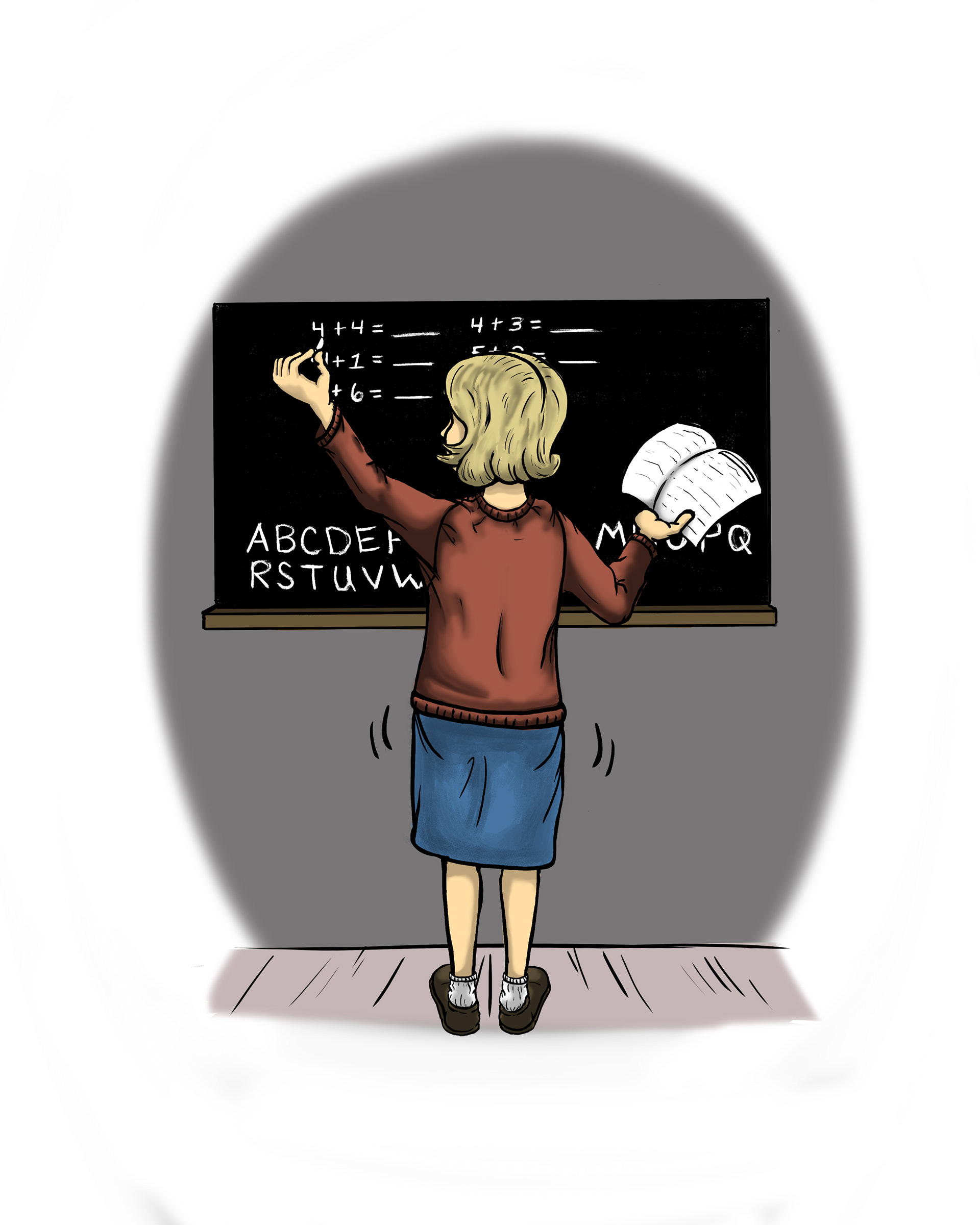 Teacher wiggling while writing