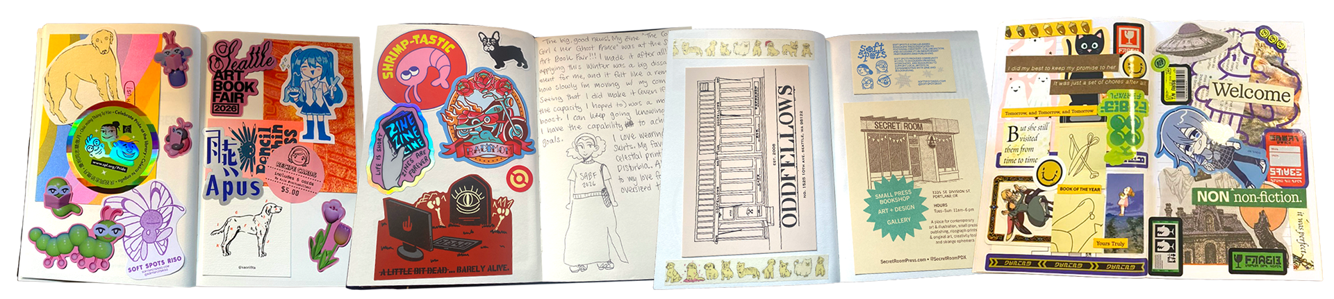 Mixed media journaling samples: collages of images, stickers, drawings, and text