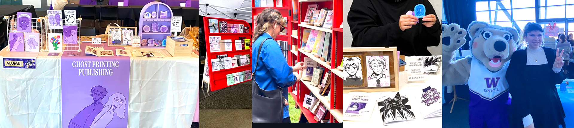 Collage of event photos, including our booth table set up and customers looking at our zines