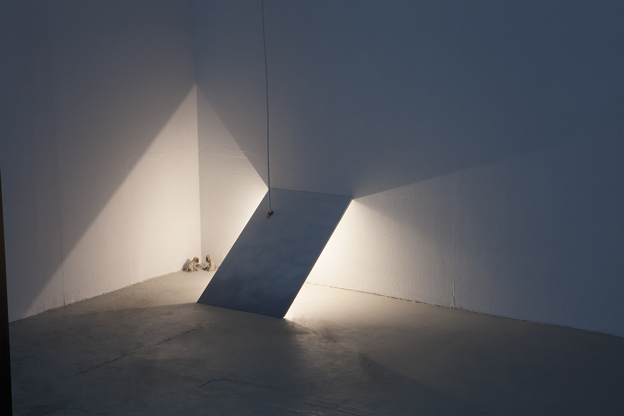Gray Sky Addressing, MDF, paint, electric cable, switch, light, found ceramics, dimensions variable