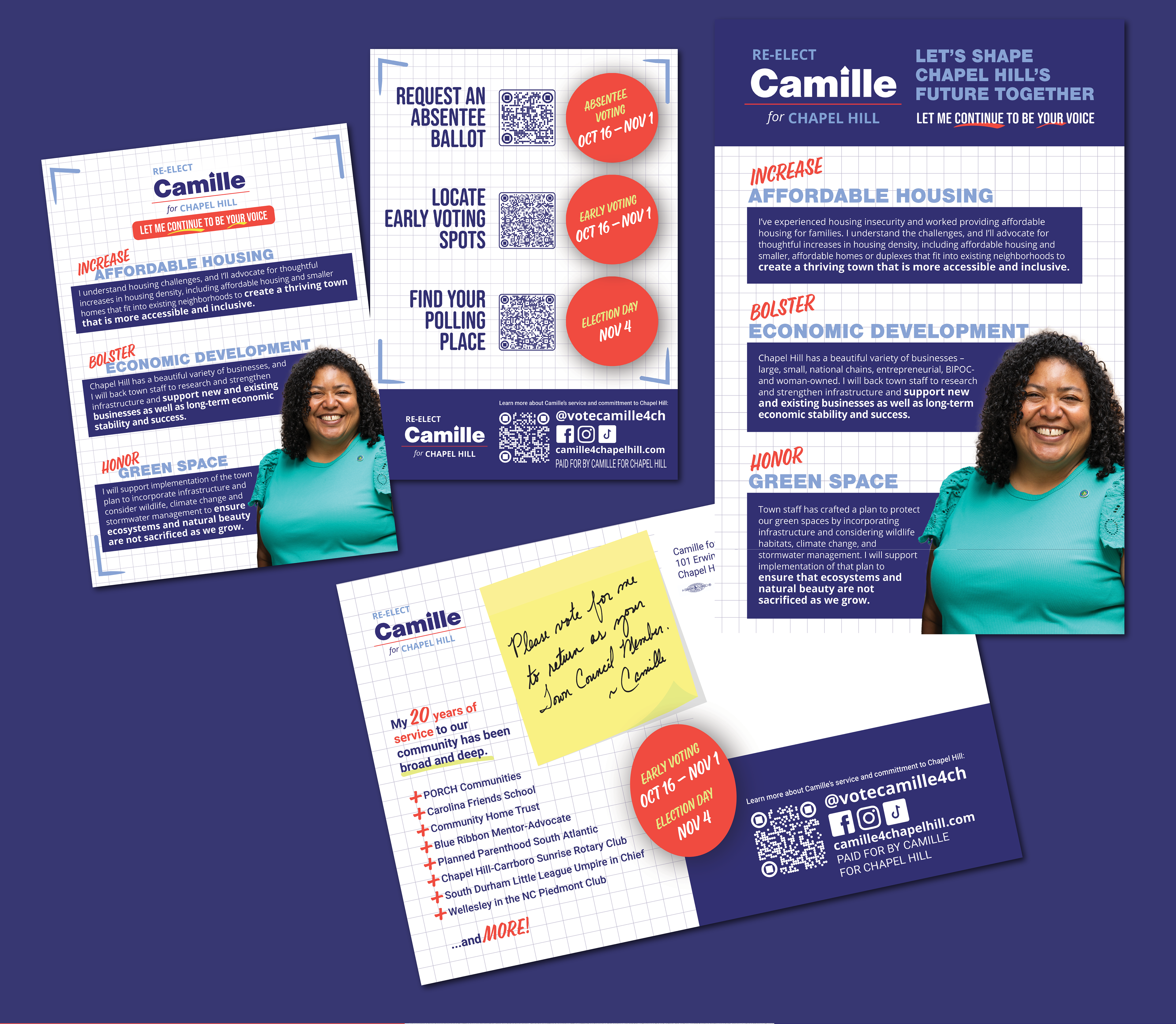 Collage of campaign‑design graphics for Camille Berry’s Chapel Hill re‑election, in a palette of purple, orange, blue, and white. It includes a smiling portrait of Berry on mailers that list her priorities—affordable housing, economic development, and green space—and QR codes for absentee and early voting with the dates clearly shown. There’s a calendar layout highlighting early‑voting days in orange and purple, a set of round campaign buttons in varied colors labeled with her name and her key issues, a vertical ‘THANK YOU’ banner in bold repeating orange text over purple with her portrait, a mobile‑phone mockup showing a social story urging vote‑by‑mail, and a bottom banner with her photo and a red “Donate Today!” call‑to‑action.