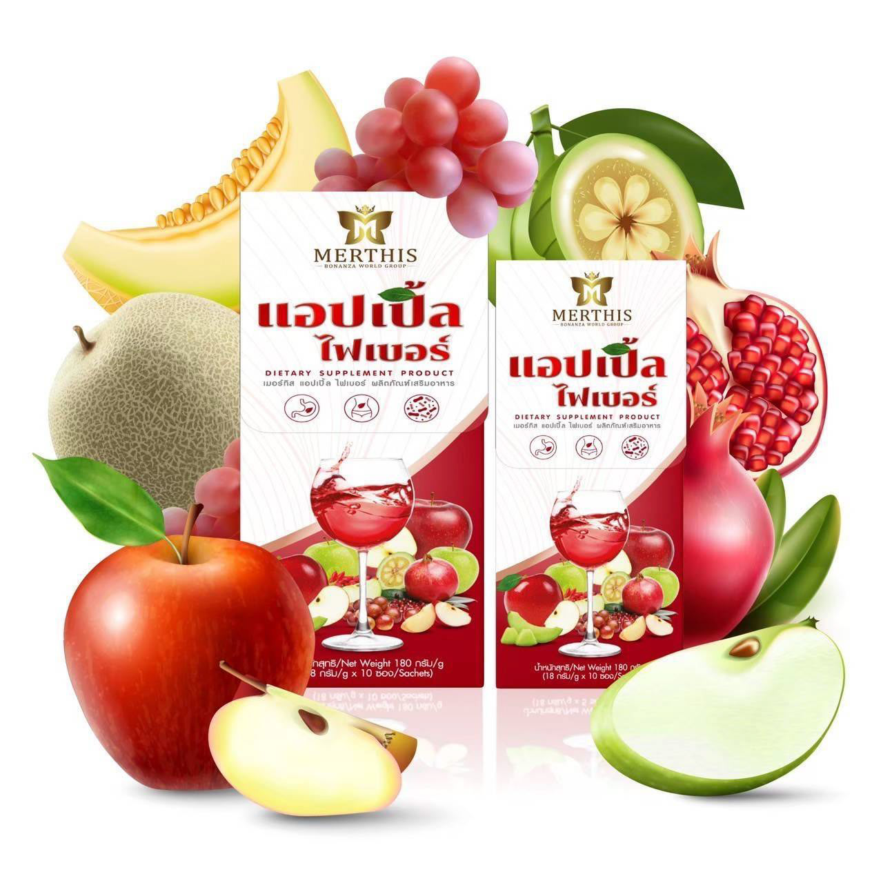 เมอร์ทิส แอปเปิ้ล ไฟเบอร์ (เลขที่จดแจ้ง 13-1-00457-5-0151) มีส่วนผสมของสารสกัด 22 ชนิด มีส่วนผสมของคอลลาเจนไตรเปปไทด์จากปลาถึง 1,000 มิลลิกรัม และสารสกัดหลักมาจากแอปปเปิ้ลและผัก ผลไม้ ไม่มีสารอันตราย ผู้ที่ป่วยเป็นโรคเบาหวานสามารถทานได้ ไม่มีน้ำตาล โดยใช้เป็นสารให้ความหวาน รสชาติอร่อยทานง่าย ให้ปริมาณแคลลอรี่ น้อยกว่า 45 แคลลอรี ปริมาณ 180 กรัม บรรจุ จำนวน 10 ซอง ราคา 590 บาท ปริมาณ 90 กรัม บรรจุ จำนวน 5 ซอง ราคา 390 บาท