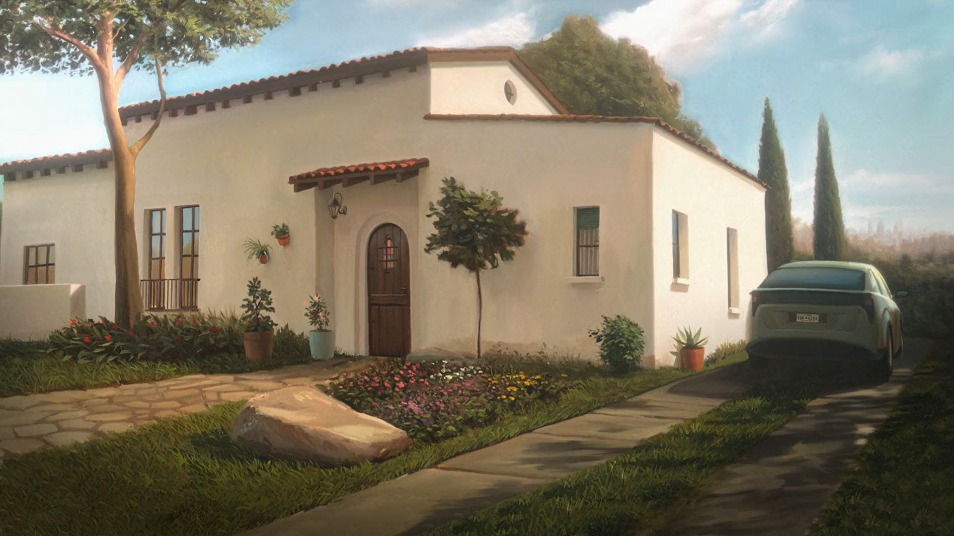 Several paintings with slightly different camera angles were stitched together by me