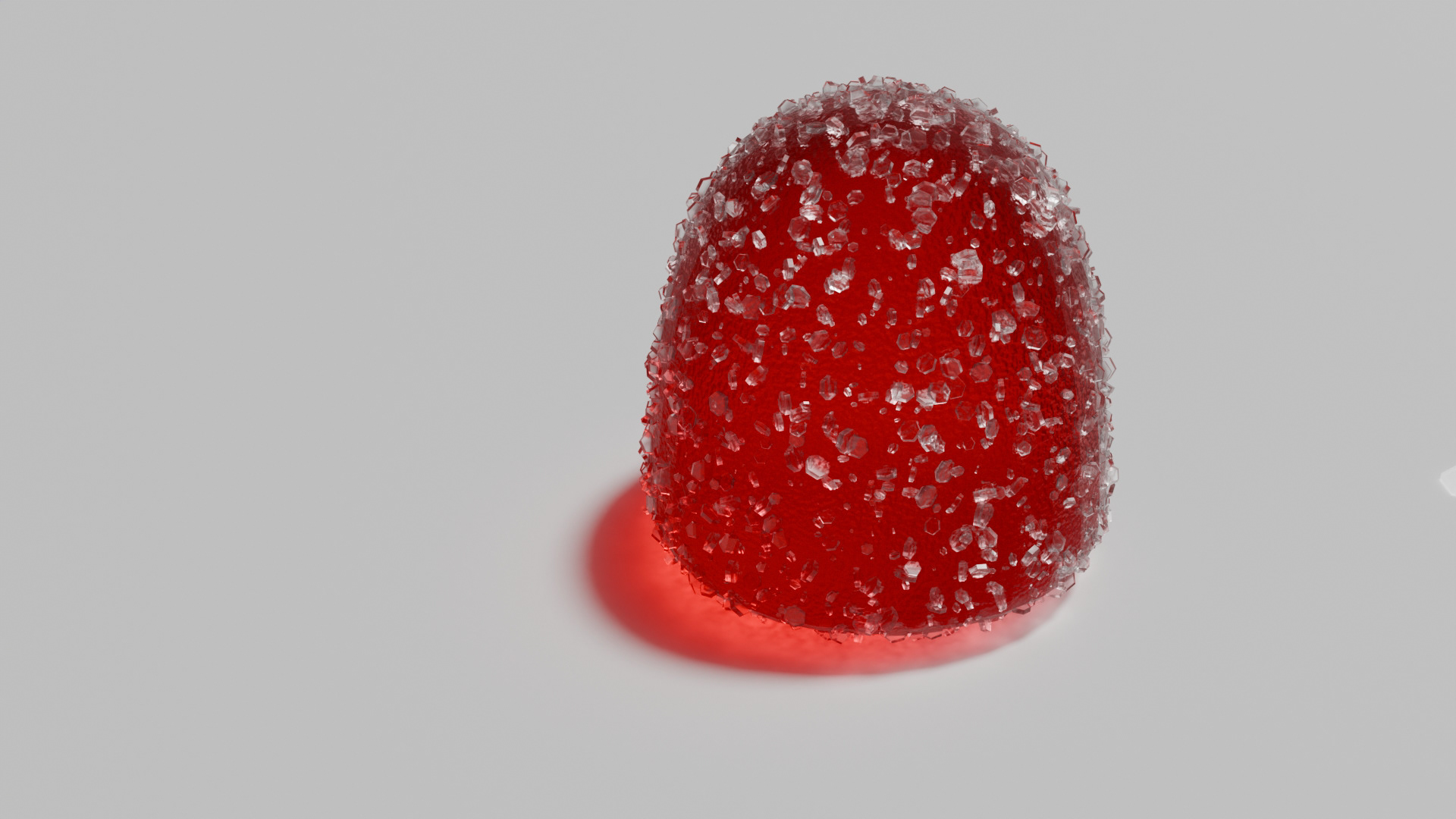 A juicy red jujubee covered in glimmering sugar crystals modeled in Blender