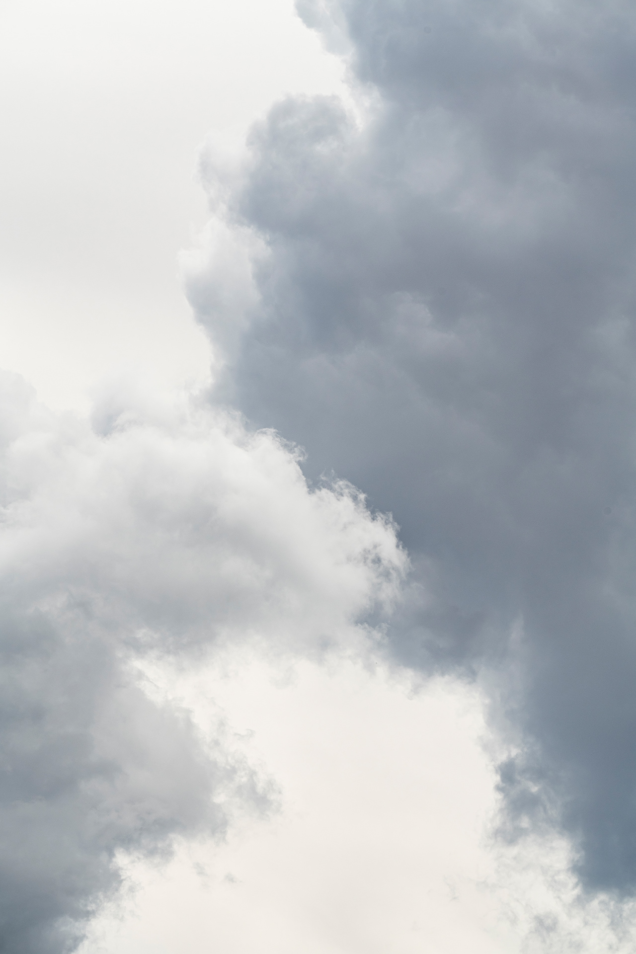 A detailed image of two billowing clouds, one deep grey and the other subtle white, set against a background of even grey