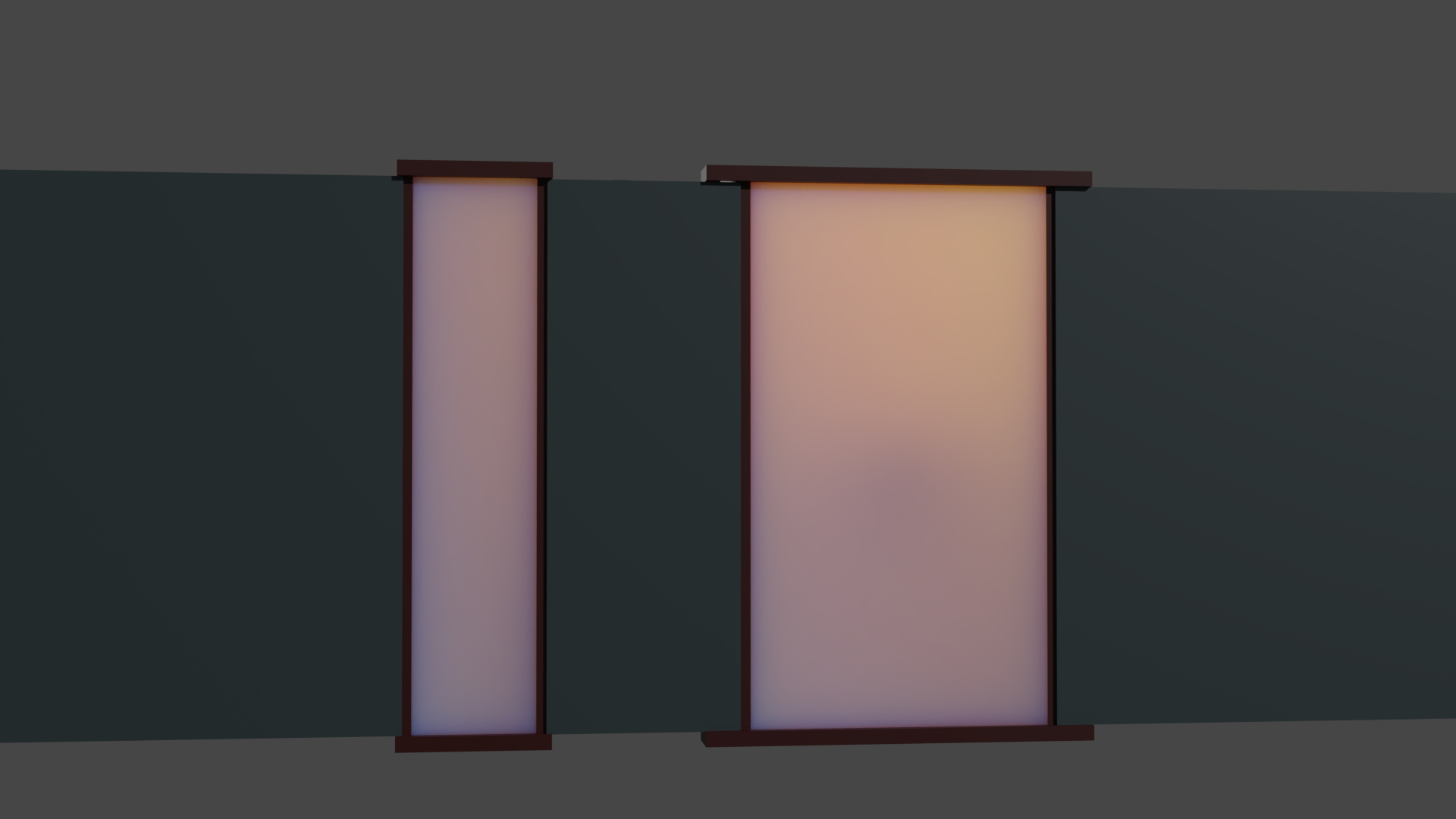 A dark grey exterior wall with two floor to ceiling frosted glass windows encased with dark rich wood modeled in Blender