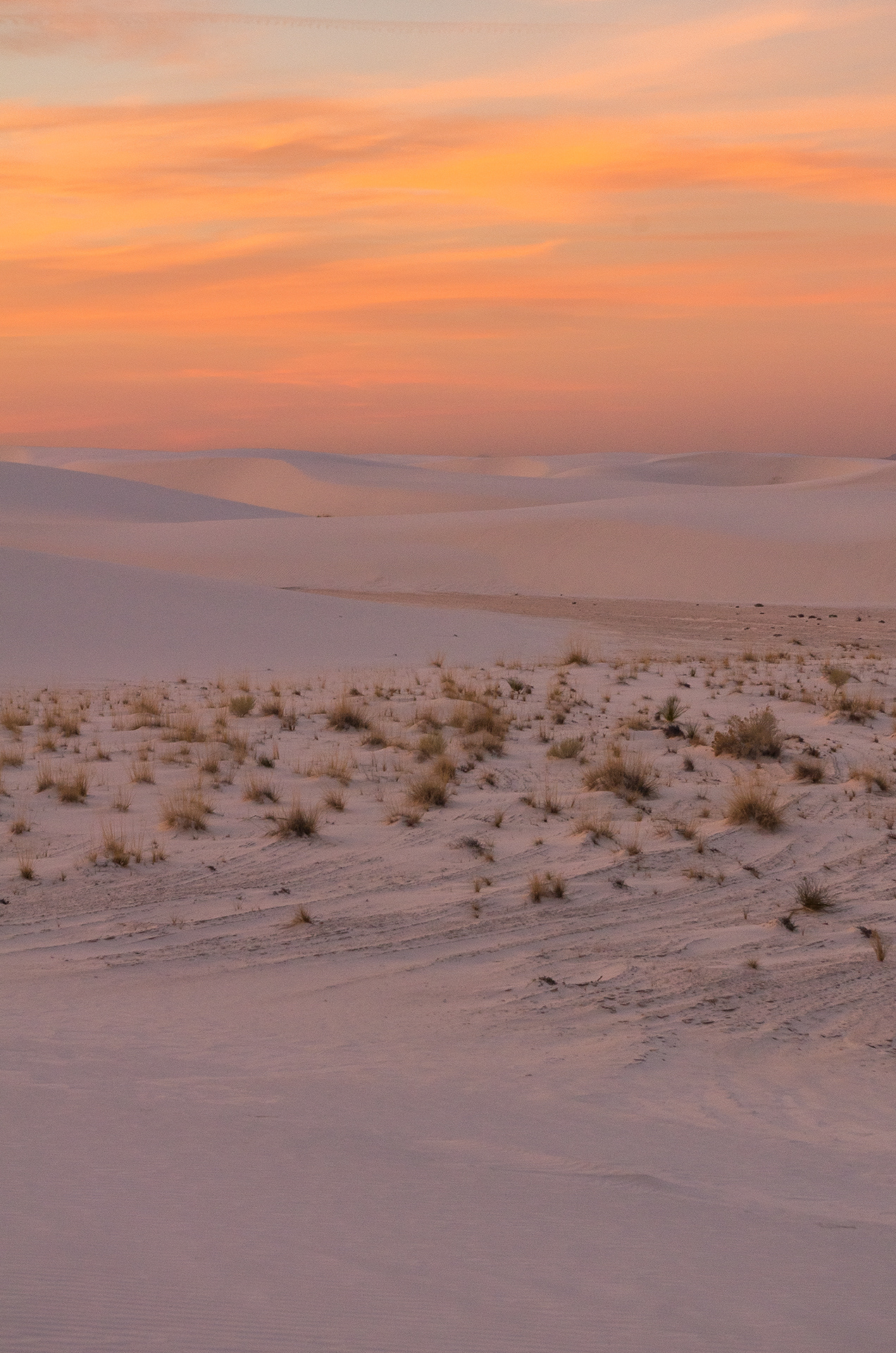 a brilliant orange wash of sunrise clouds tinting the dunes of White Sands National Park