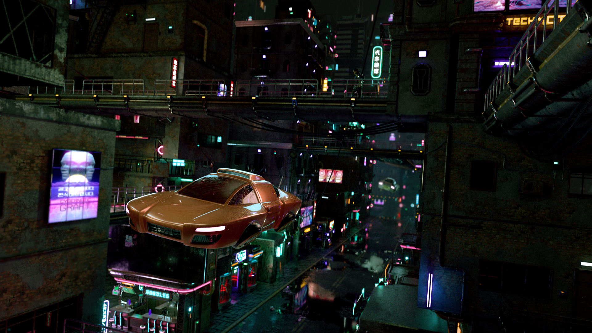 "Flying Car" Cyberpunk City built with Kitbash assets