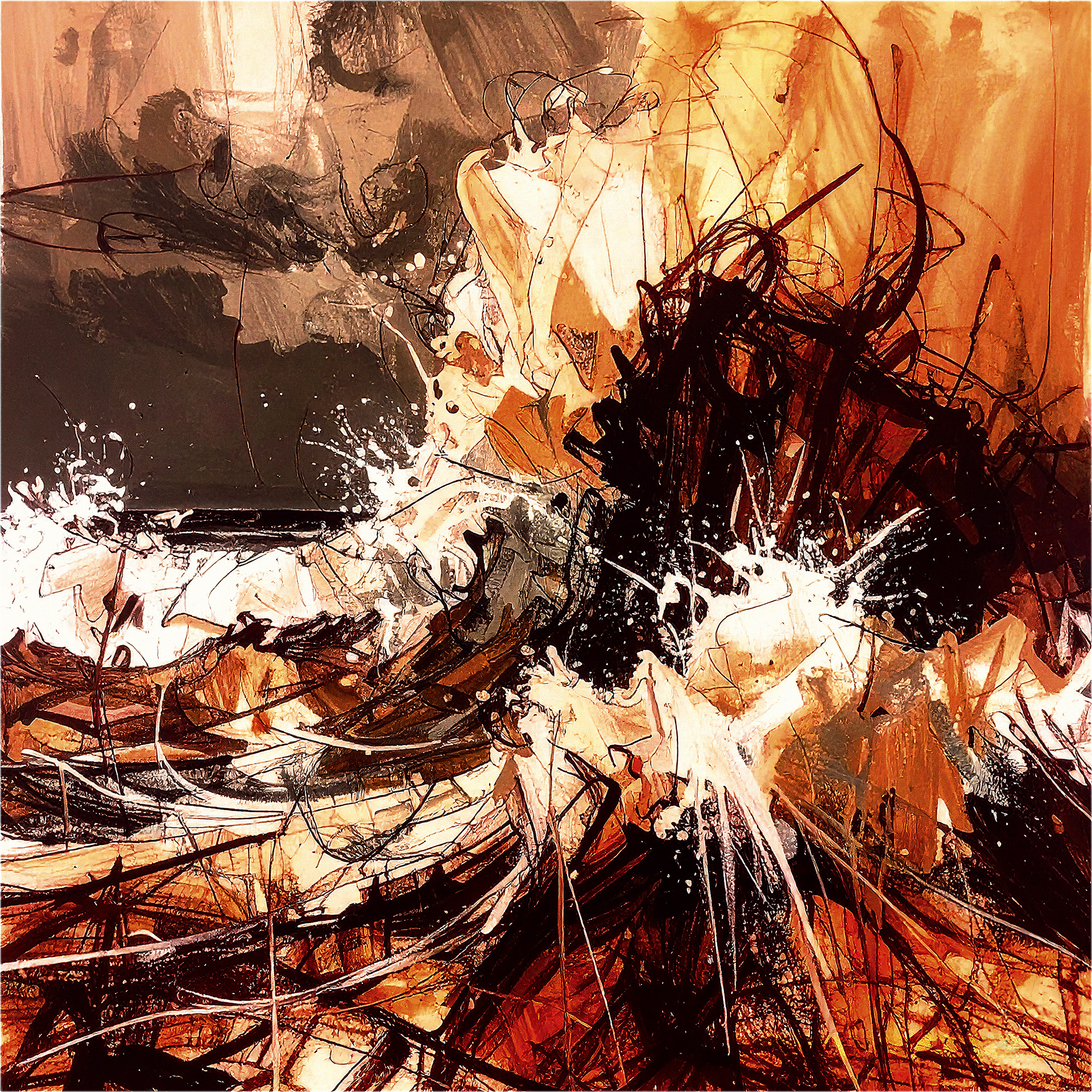 Abstract expressionist painting featuring explosive, earth-toned gestural marks and tangled black lines against a white background, representing raw energy and organic landscapes. A high-voltage abstract composition from Ihiri Haswani’s "Hybrid Reality: The Transmutations Series." The artwork features a dynamic interplay of warm earth tones—burnt sienna, ochre, and rust—colliding with stark black ink-like strokes and washes of white. The imagery suggests a recursive form of abstraction, where organic shapes resembling tangled roots, crashing waves, and storm-like surges explode across the canvas. Originating from the concept of "The Embrace," the figure is stripped away to reveal raw, visceral energy. The texture is frantic yet balanced, creating a visual dialogue between earthy grounding and electrified, divine expansion.
